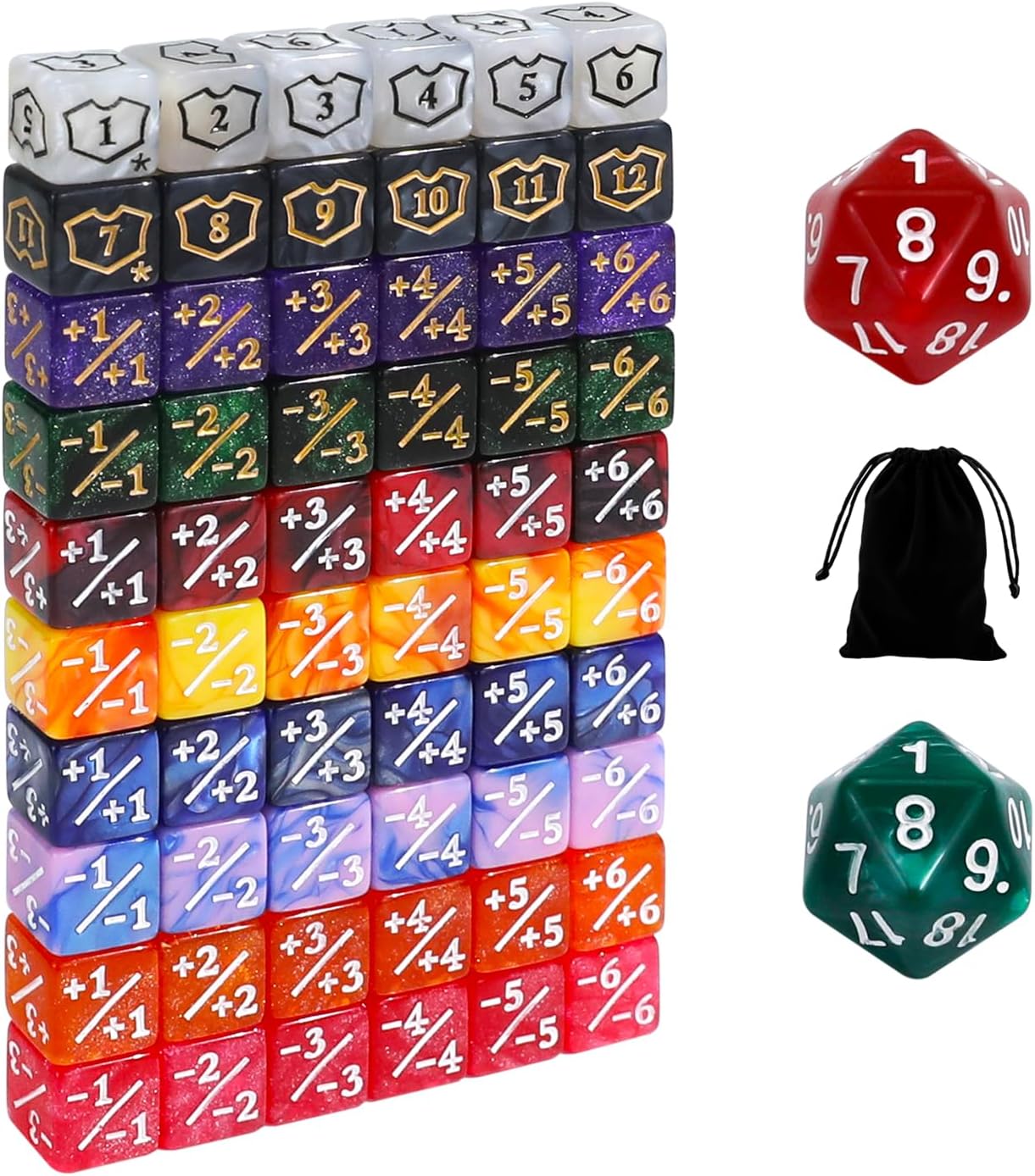 SIXPOINTS 12mm MTG Dice Set with Plus 1/+1 Life Counter Spindown Dice in 8 Colors, Shield Ability Tokens & D20 Compatible with Magic The Gathering, TCG, Card Games Accessories (Color B-62pcs Dices)