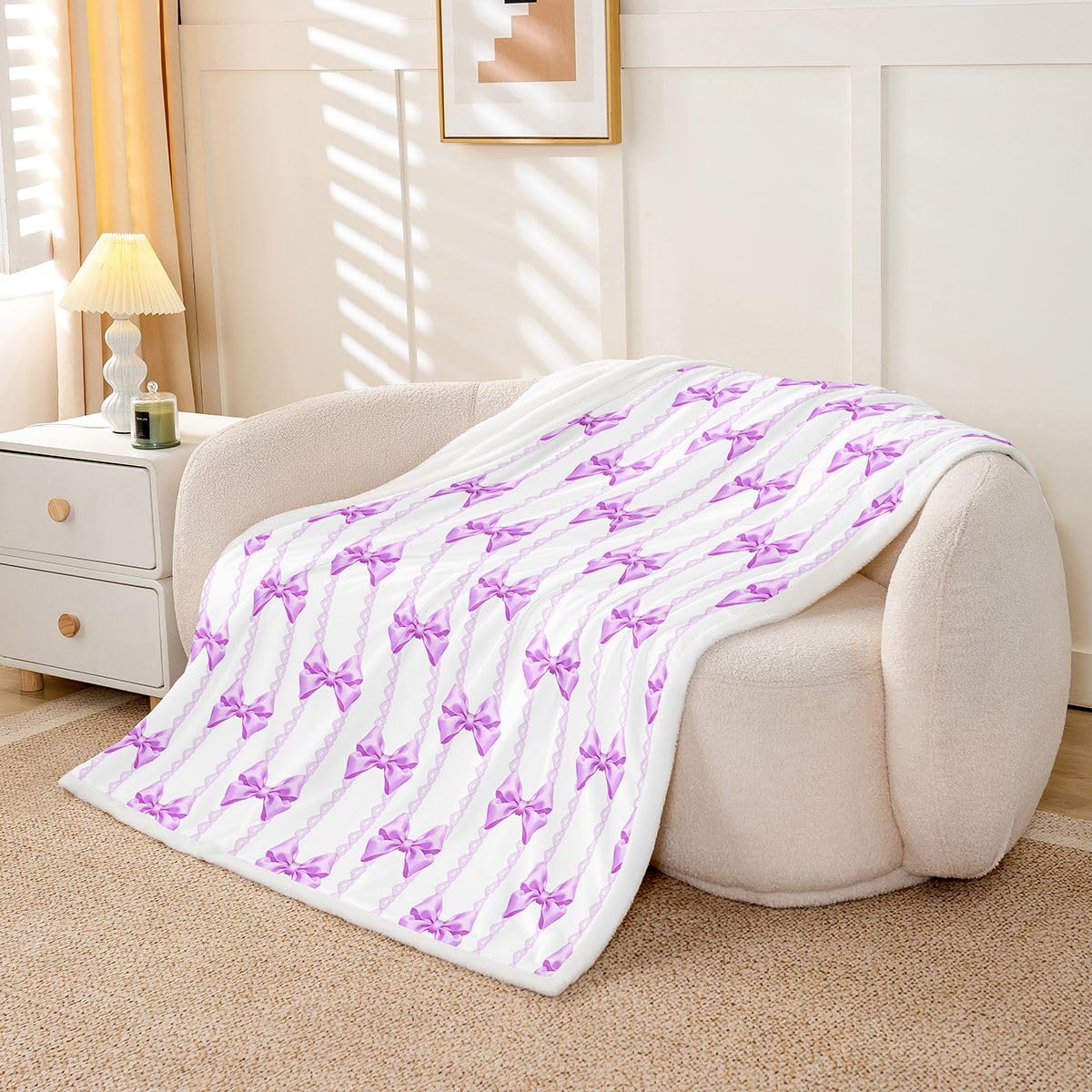 Homewish Kokarda dziewczęca kawaii fioletowy koc szerpa księżniczka kokardka marzycielski puszysty pluszowy narzuta koronka w paski polarowy koc - wstążka śliczna dekoracja na łóżko kanapę