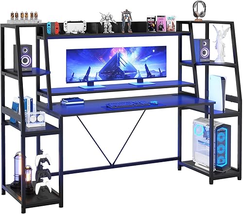 Miniatura 8 de SEDETA Gaming Desk 78.8'' with LED Lights, Hutch and Storage Shelves, Computer Desk with Monitor Stand, Large PC Gamer Desk Workstation, Ergonomic