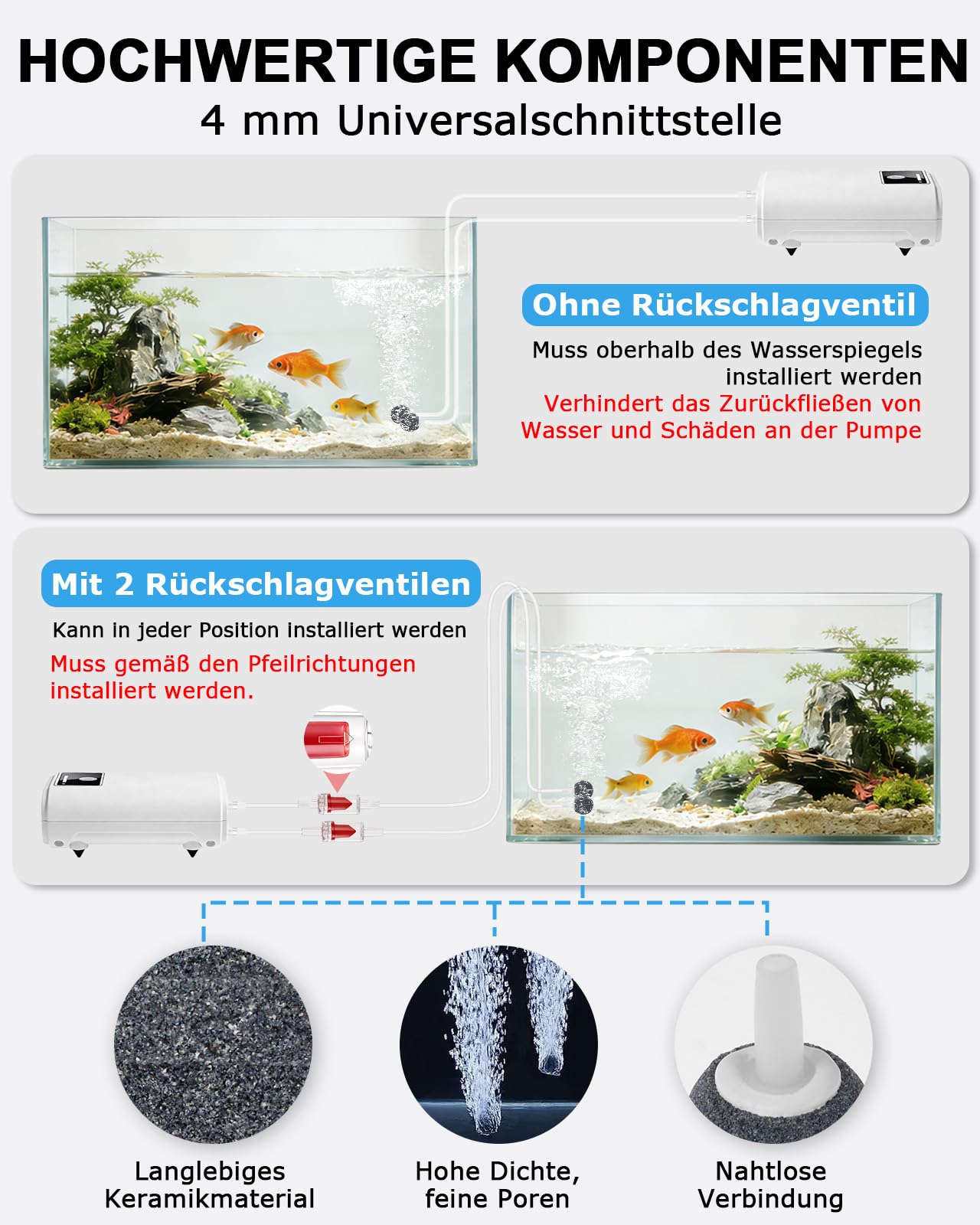 Aquarium Luftpumpe: USB Aquarium Luftpumpe Regelbar, 2600mAh Batterie, Zwei Stromversorgungsmodi, 1.5-2L/min*2
