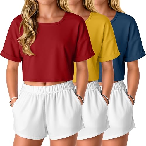 LessonZoo 3 Pack Girls' Crop Tops Kids Oversized Short Sleev