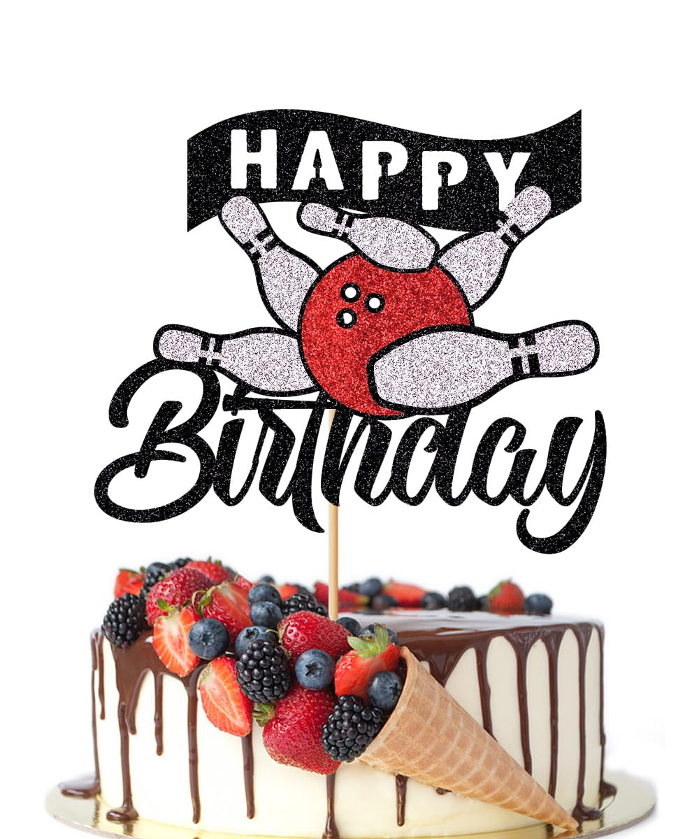 Crseniny Glitter Bowling Happy Birthday Cake Topper，Sports Bowling Party Cake Topper，Bowling Ball Game Day Sport Themed Party Supplies For Boys Girls