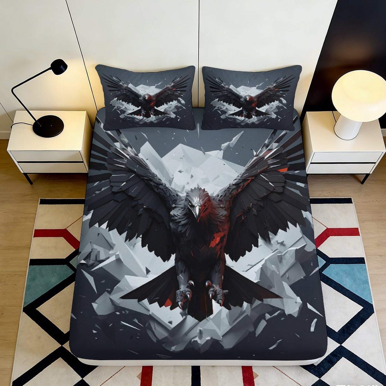 3D Printed Dark Raven Fitted Sheet Microfiber Soft Black Abstract Crow Mattress Cover for Bedroom Dorm Decor 90x200x25cm