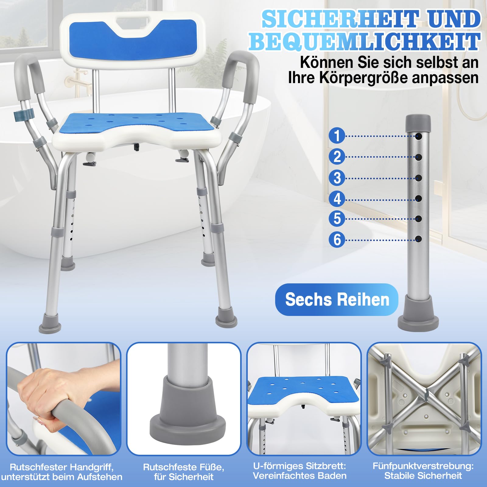 Duschstuhl, Duschhocker für Senioren, rutschfest Duschstuhl mit Armlehnen, Höhenverstellbar Duschstuhl für Senioren Aluminium Duschsitz Tragfähigkeit von 150kg, Duschhilfe für Senioren Blau