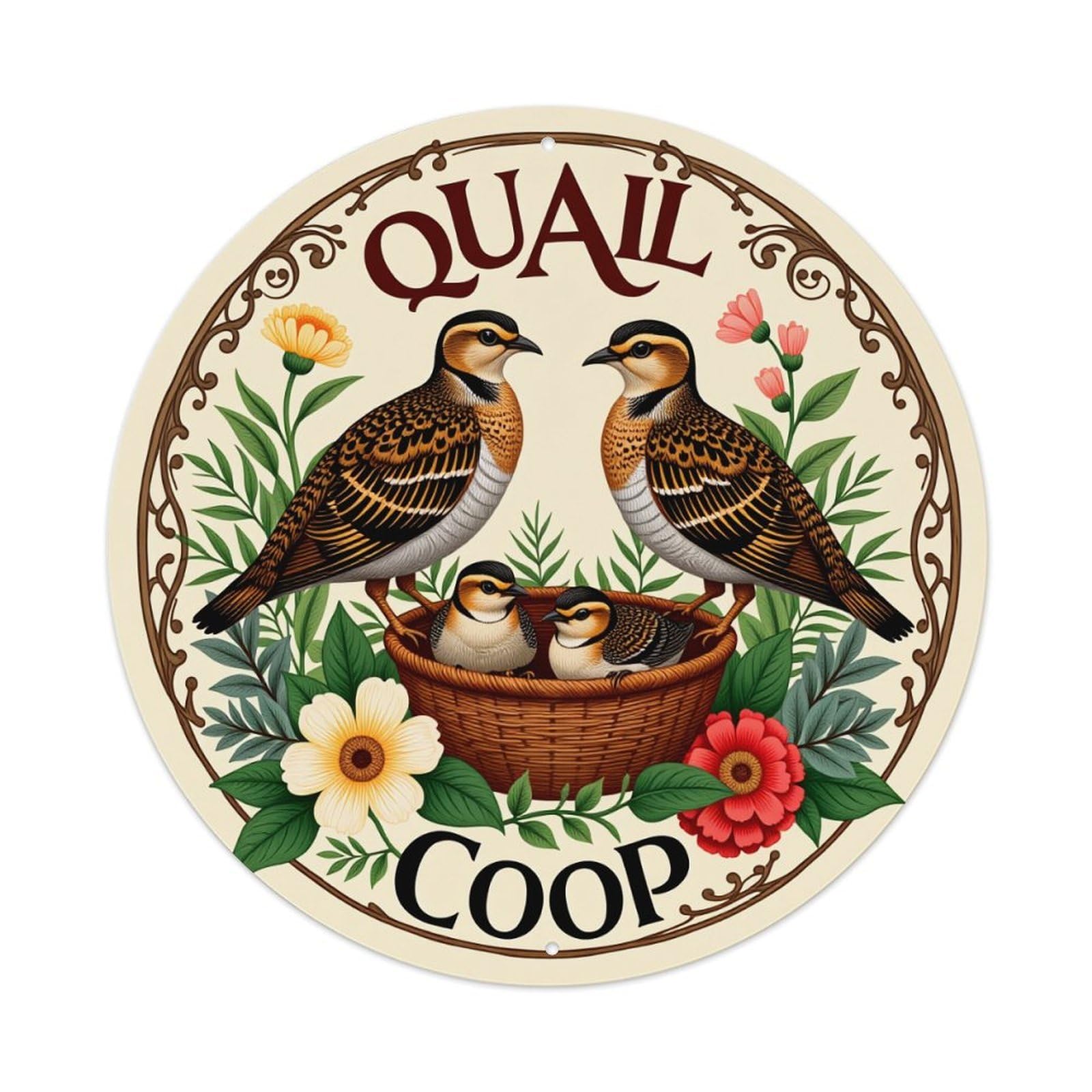 Quail Coop Nest Flowers Birds Round Tin Sign Retro Metal Sign for Cafe Bar Pub Home Game Room Gym Club Wall Decoration Vintage Metal Poster 8x8 Inch