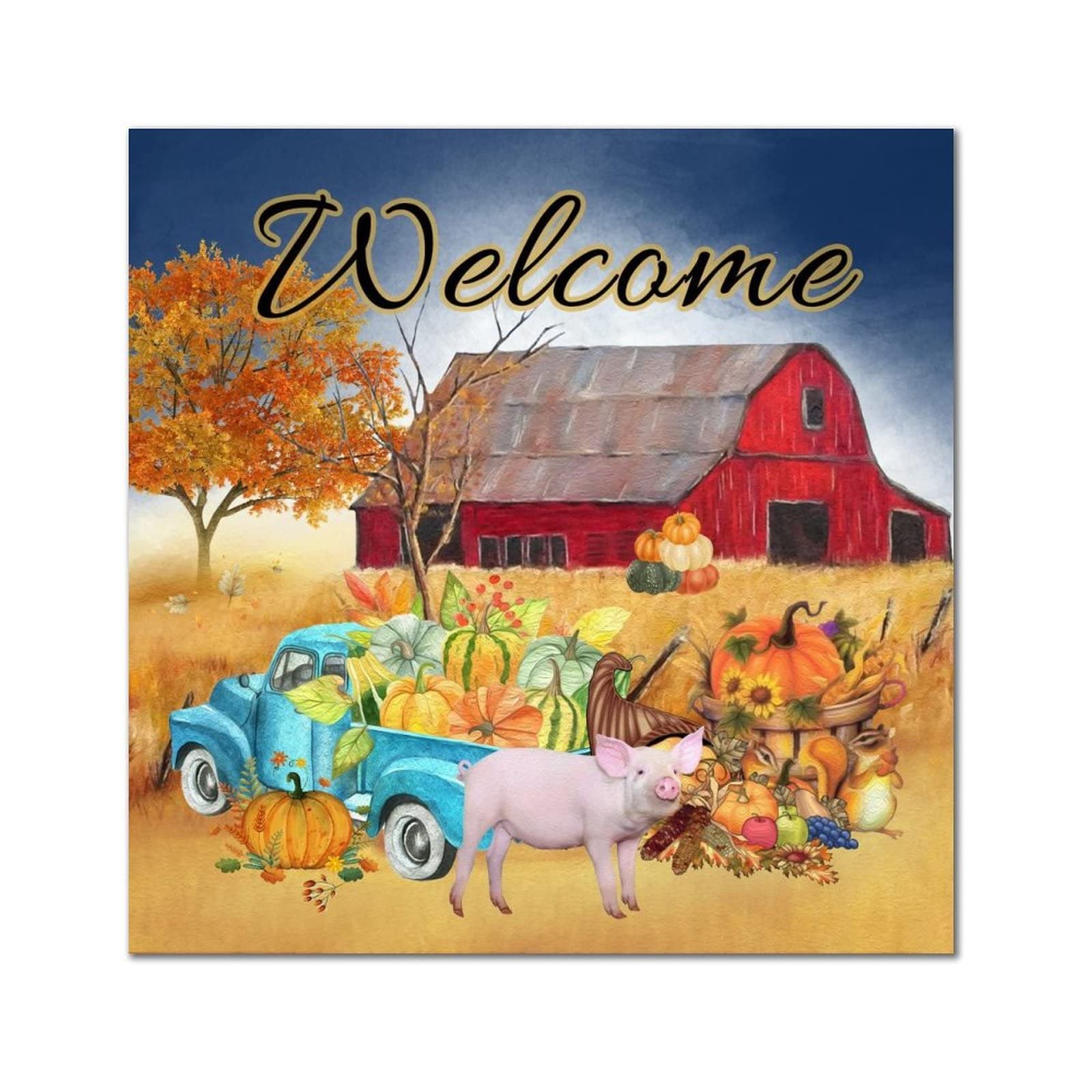 Cadre bois Welcome Farm Pig Grn citrouille bleue déco salon et bureau