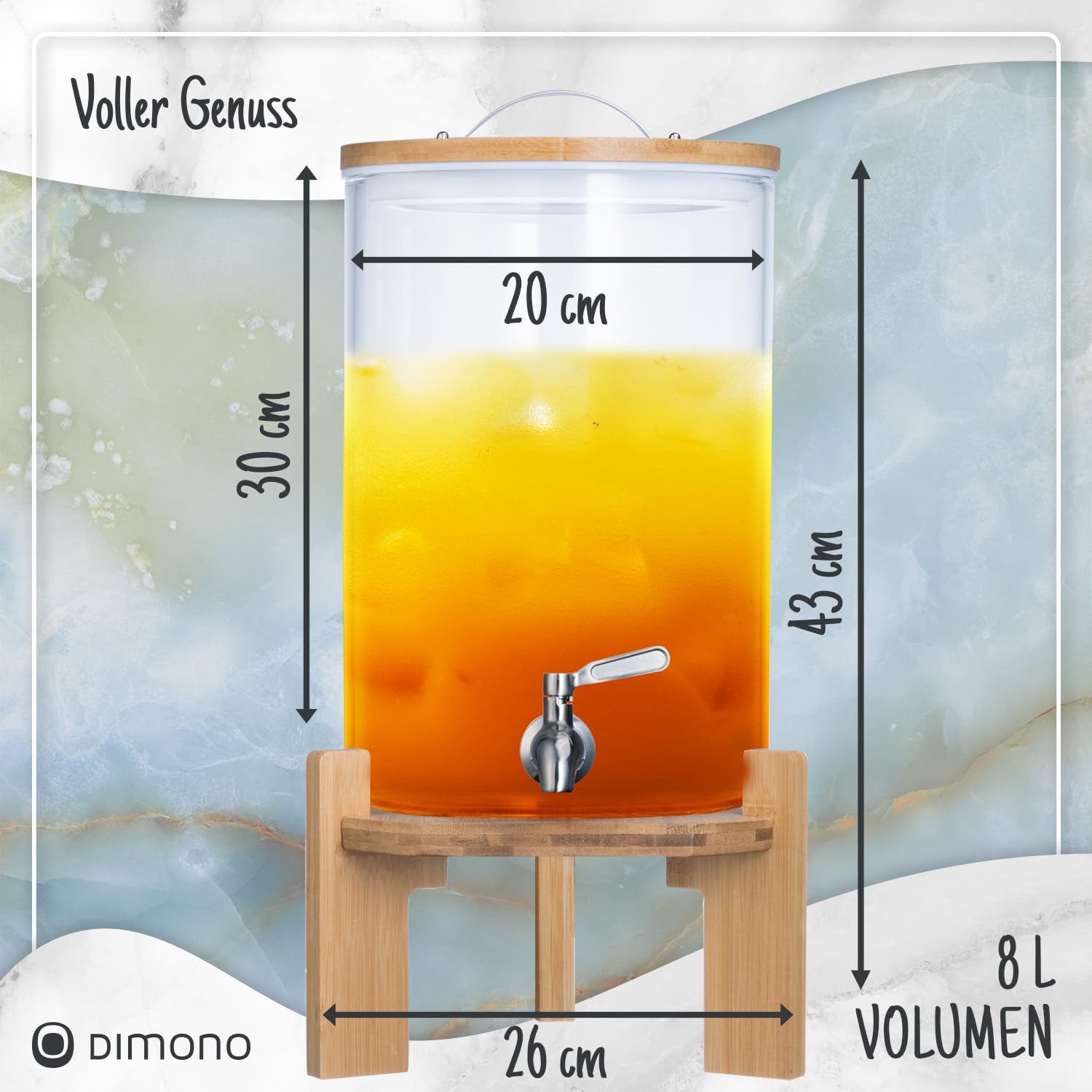 Distributeur de boissons avec robinet anti-goutte en acier inoxydable Distributeur d'eau en verre avec support en bambou et couvercle en verre borosilicaté résistant à la chaleur (8 litres)