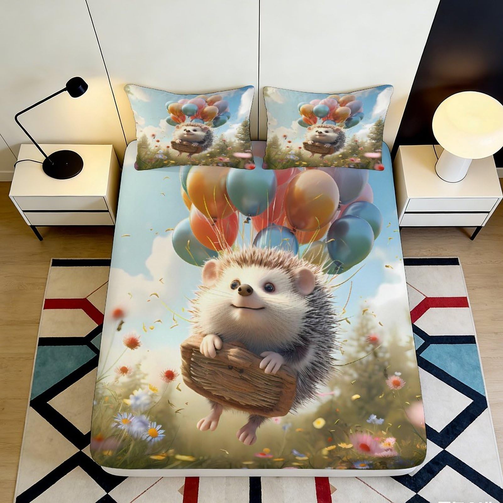 3D Printed Hedgehog Balloons Fitted Sheet Microfiber Soft Mattress Cover Anti-Slip Easy Care for Bedroom Dorm Decor 180x200x25cm