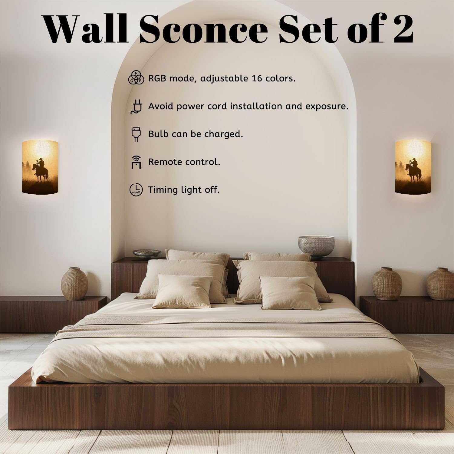 Wall Sconces Set of Two Battery Operated Cowboy Roping his Horse Silhouette Cowboys Pictures Plug in Wall Lights Fixtures Remote Dimmable for Bedroom Living Room Hallway