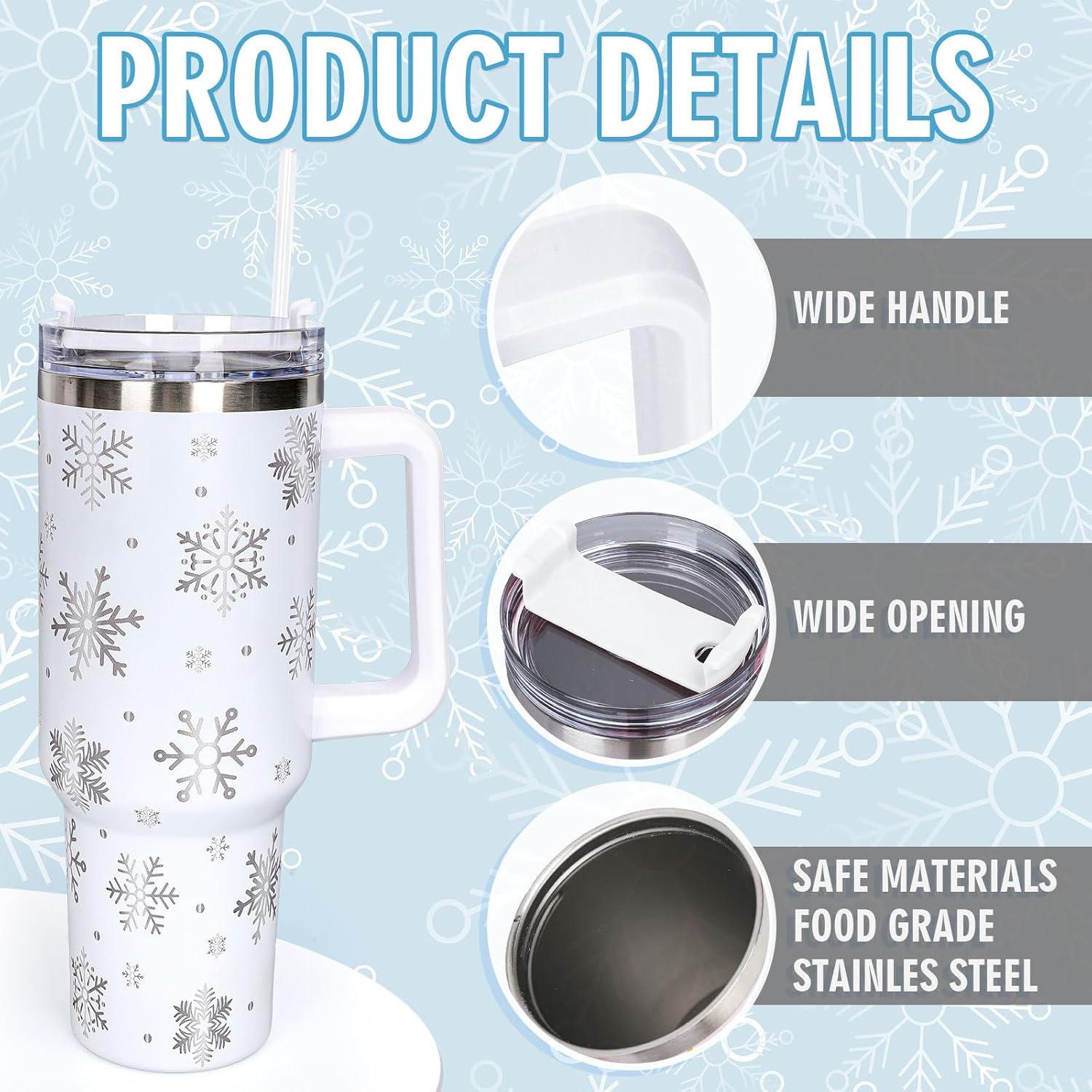 Whaline 40oz Christmas Tumbler with Handle Straw and Lid Snowflake Travel Coffee Tumbler Cup for Xmas Winter Holiday Birthday Party Gift - Image 3