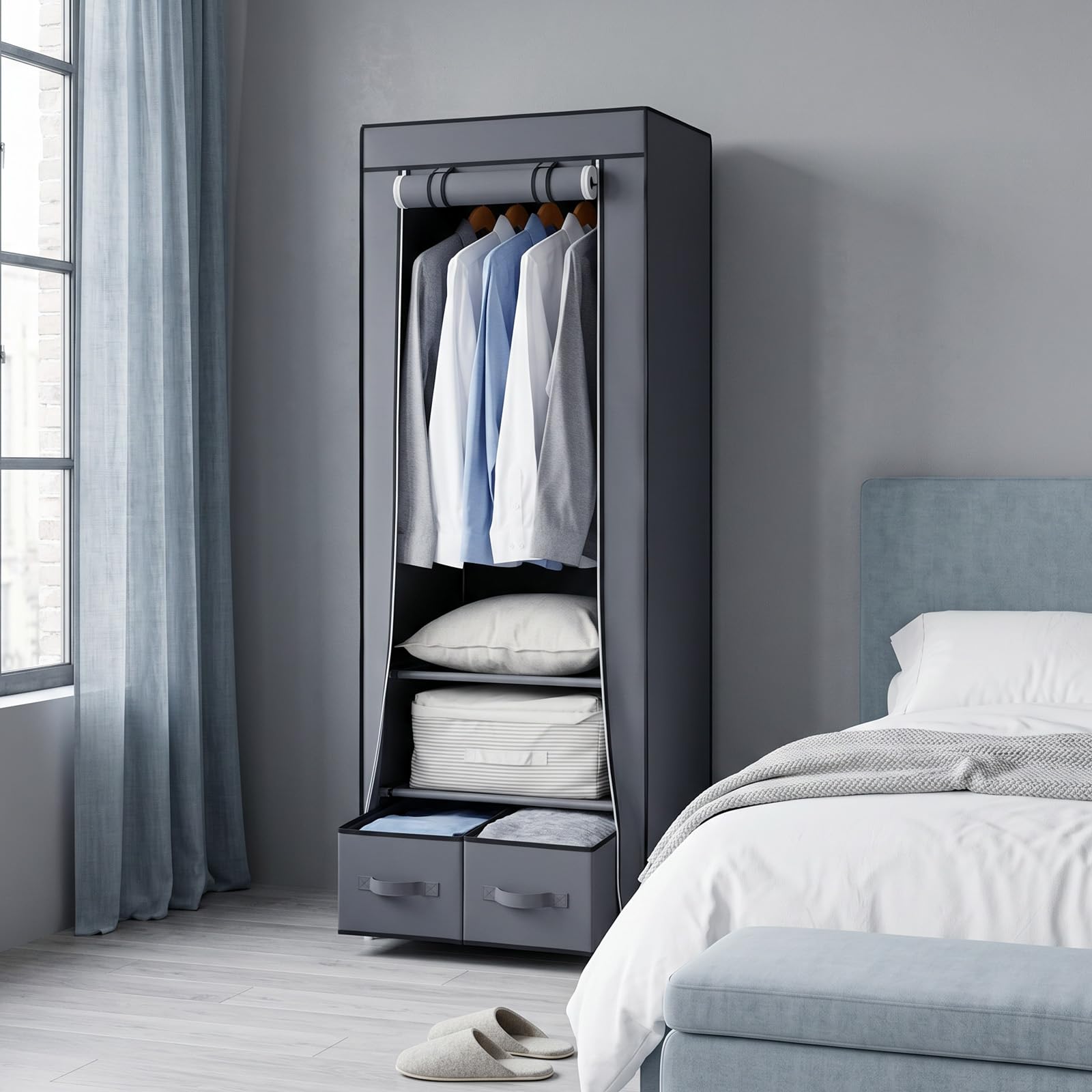 Hododou Armario portátil individual de lona, organizador de almacenamiento de ropa con 2 cajones y barra para colgar, armario plegable para ropa, bolsos, juguetes, zapatos, sala de estar, dormitorio,