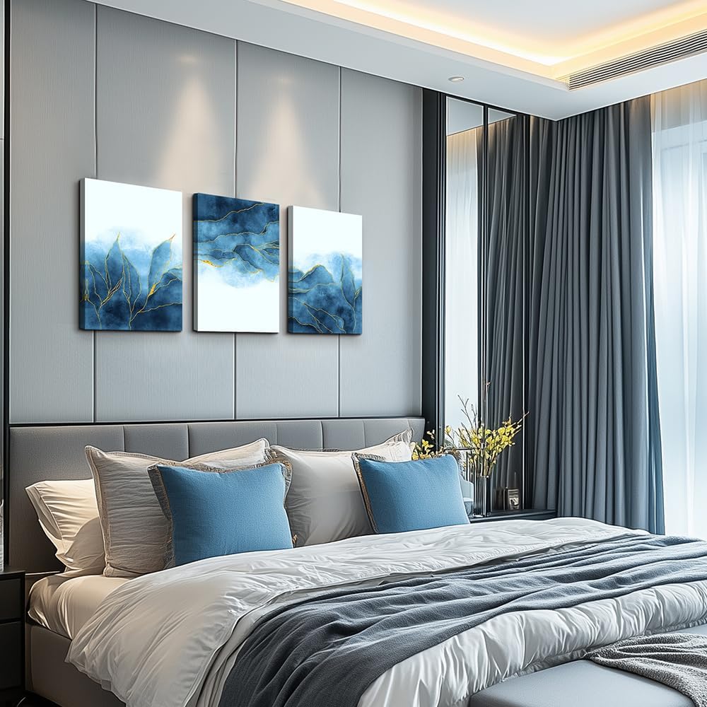 Abstract Canvas Wall Art For Living Room, Bedroom, Office Decoration - Gray Blue Canvas Pictures, Modern Home Decor - 16x12 Inch/ 3 Piece