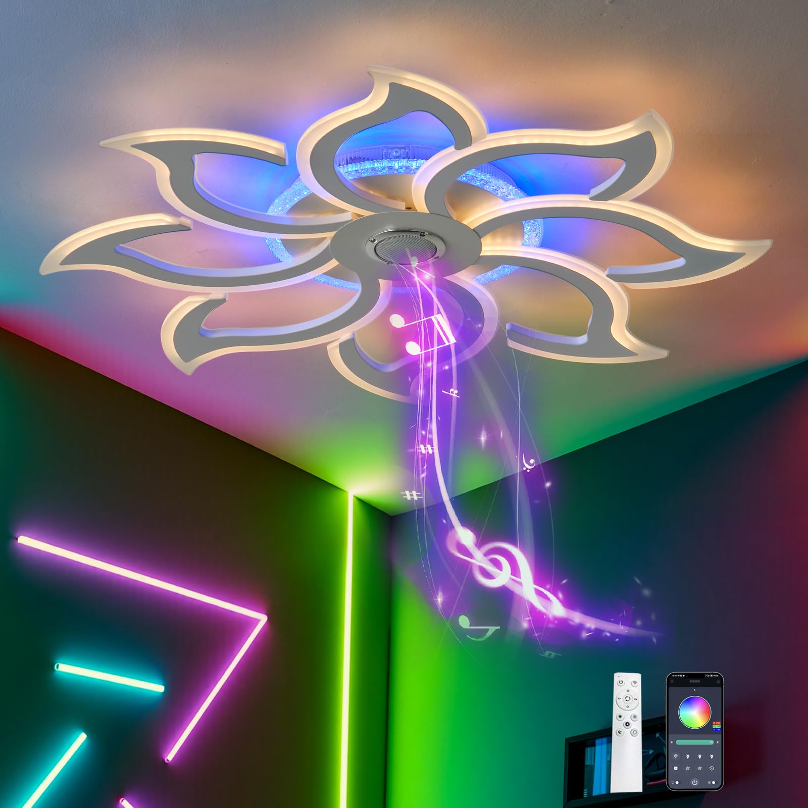 Lampadario RGB Lampadari Motivo Floreale con Altoparlante Bluetooth Telecomando APP Timer Dimmerabile Plafoniera con Luce Notturna e Funzione di Memoria per la Camera da Letto, Bianco