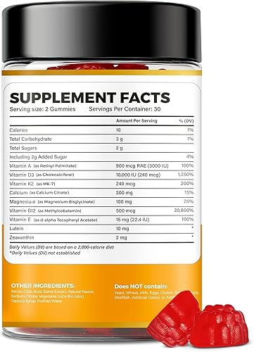 Miniatura 8 de Gomitas de vitamina D3 K2 de 10000 UI con glicinato de magnesio, calcio, B12, K2 MK-7, vitaminas A, E, luteína, zeaxantina, suplemento masticable