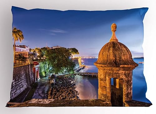 Lunarable Puerto Rico Pillow Sham, Coast at Paseo de la Princesa Retro Style Architectural Elements Photography, Decorative Standard King Size