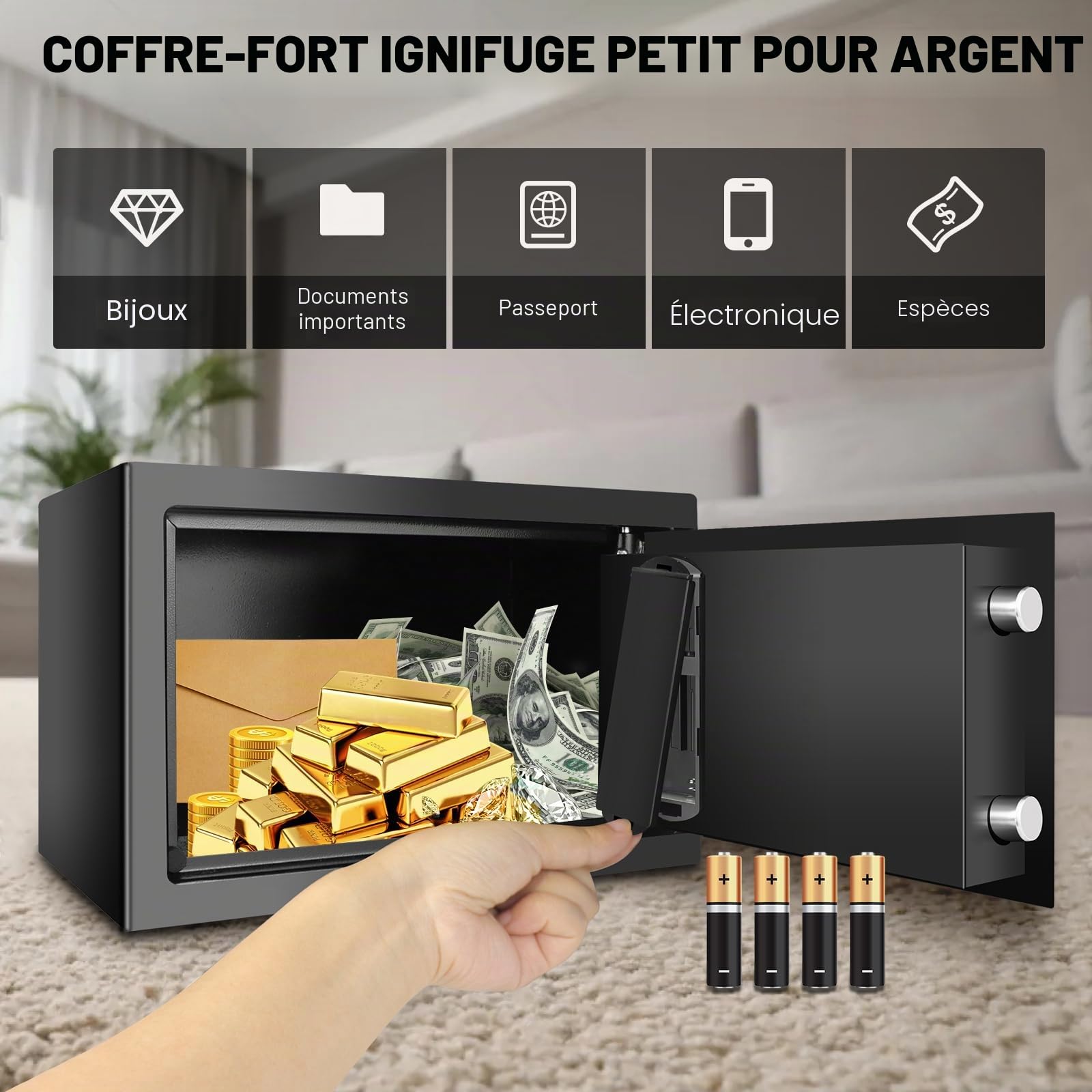 Coffre-fort électronique ignifuge étanche en acier pour la maison, le bureau, 8,5 L, noir