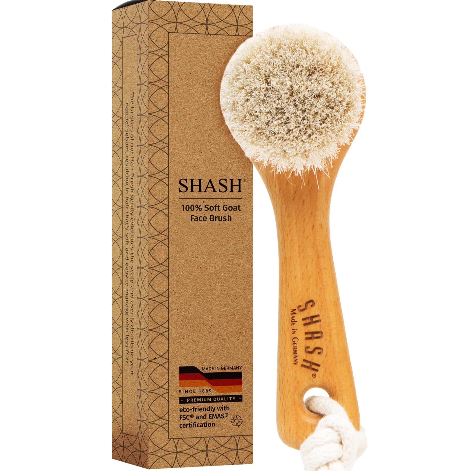 Shash Since 1869 Hand Made in Germany - Exfoliating Face Brush, Soft Goat Bristle Face Brush, Gently Exfoliates Skin to Reduce Flaking and Fine Lines, Promotes Glowing Complexion,