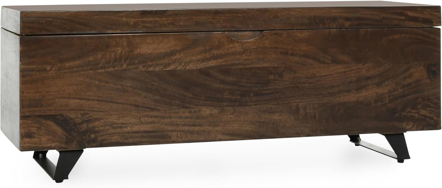 Benjara Storage Trunk Chest, 46 Inch, Built in Handle, Dark Mango Wood, Brown and Black