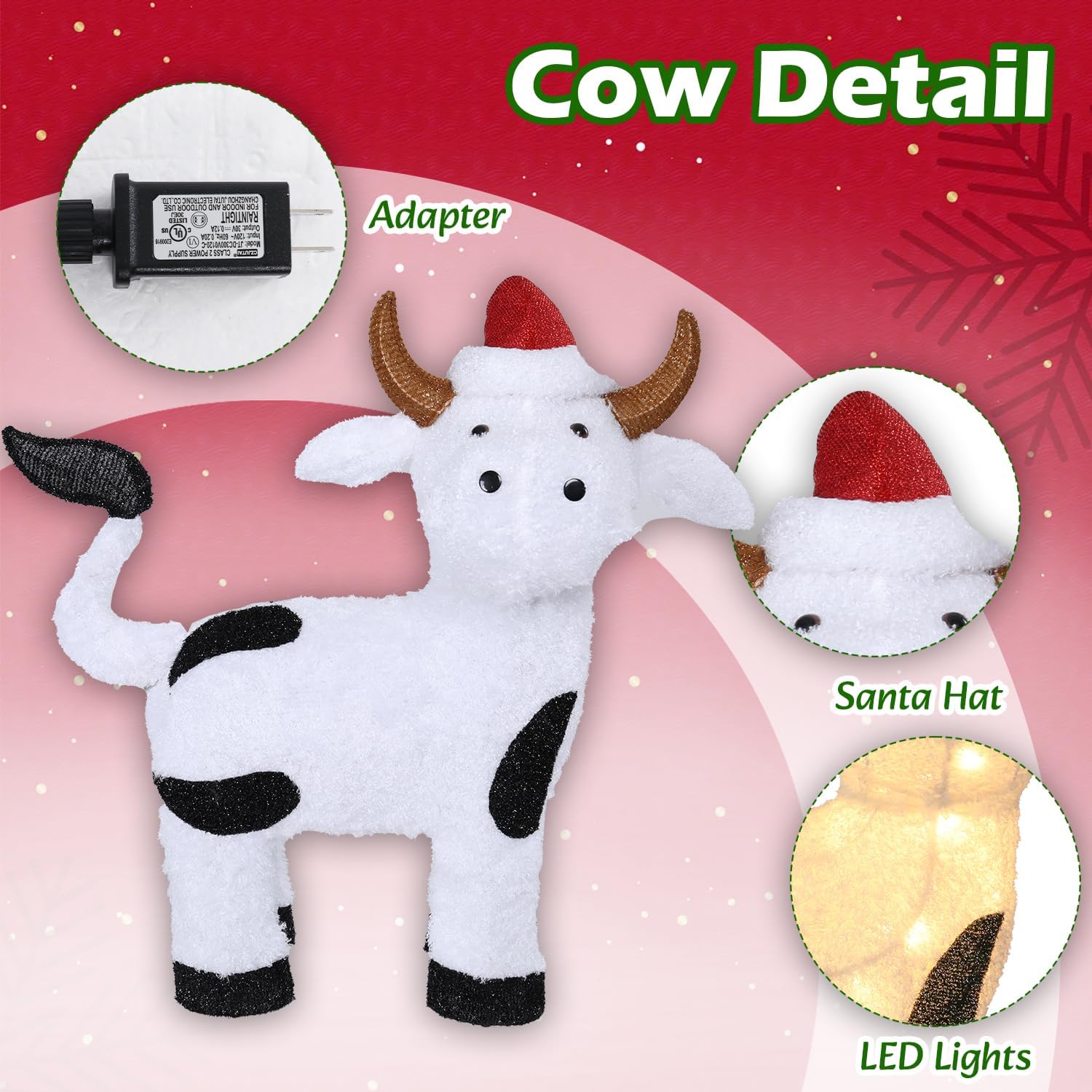 Christmas Cow Outdoor Holiday Decoration, 30" Pre-Lit Cow with Red Santa Hat, Built-in LED Lights - Image 4