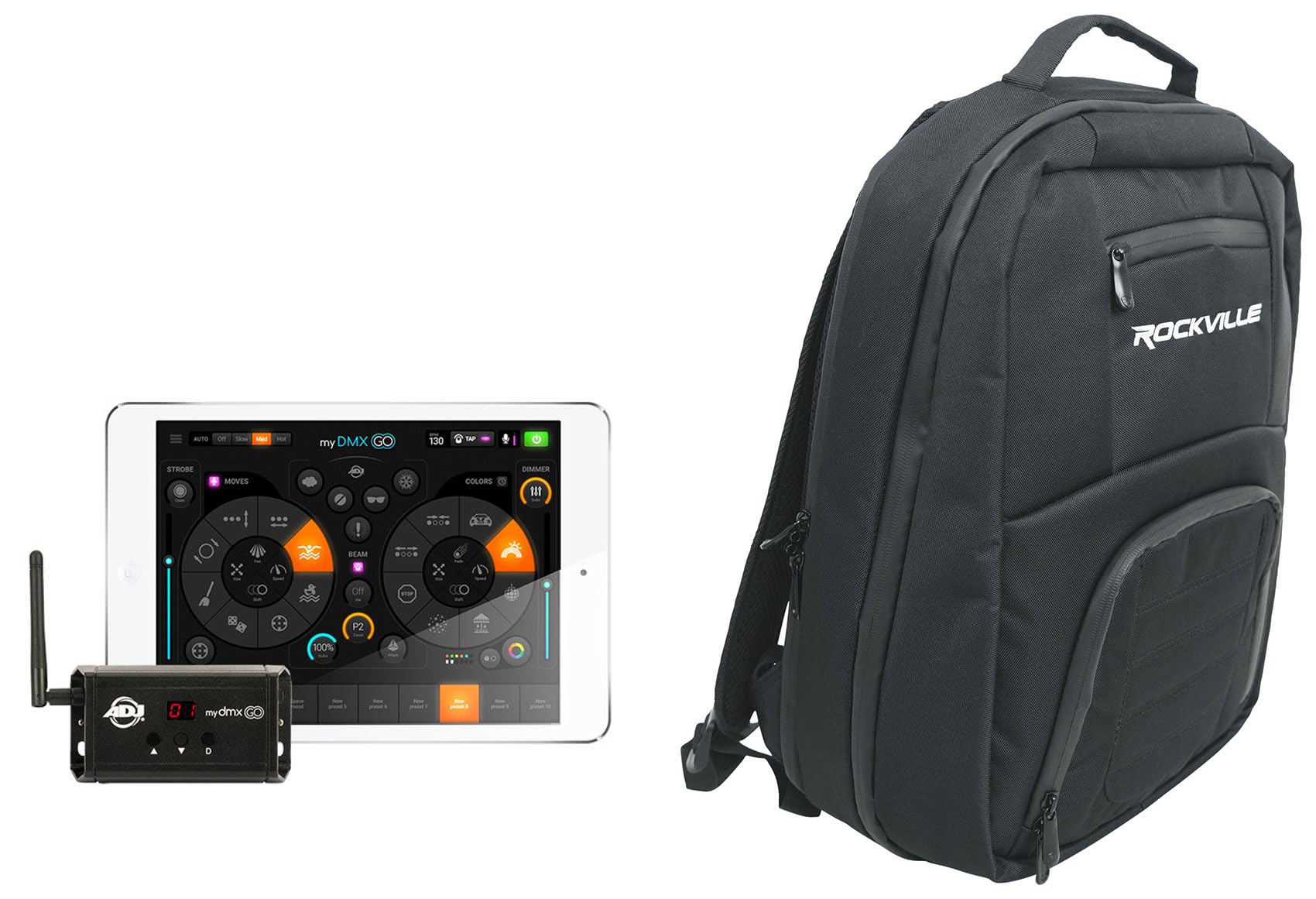 Audiosavings Bundle: (1) American DJ ADJ MYDMX GO Lighting Control App Bundle with (1) Rockville DJBP24 Rugged DJ Compact Backpack with 11 Compartments/Fits 17