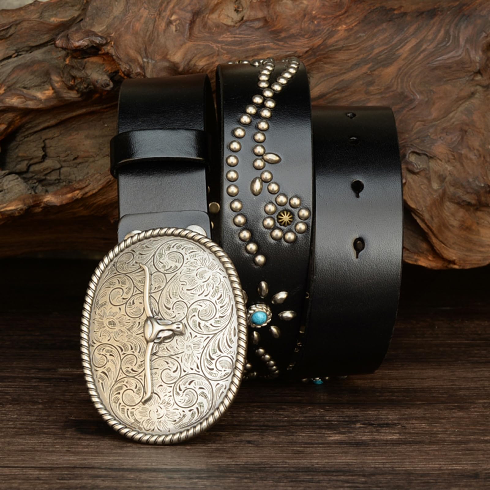 Cinturones occidentales para mujer Hombre Vaquero Vaquera País Cinturones de cuero genuino con tachuelas con hebillas para pantalones vaqueros Rodeo, 38mm de ancho