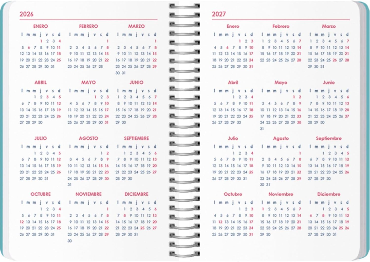 Dohe - Agenda 2026 - Week to View, Pocket Size (8.5 x 13 cm), Flexible Plastic Cover, Spiral Bound and Elastic Band, 12 Months January to December, Year Planner in Spanish - Memphis Green
