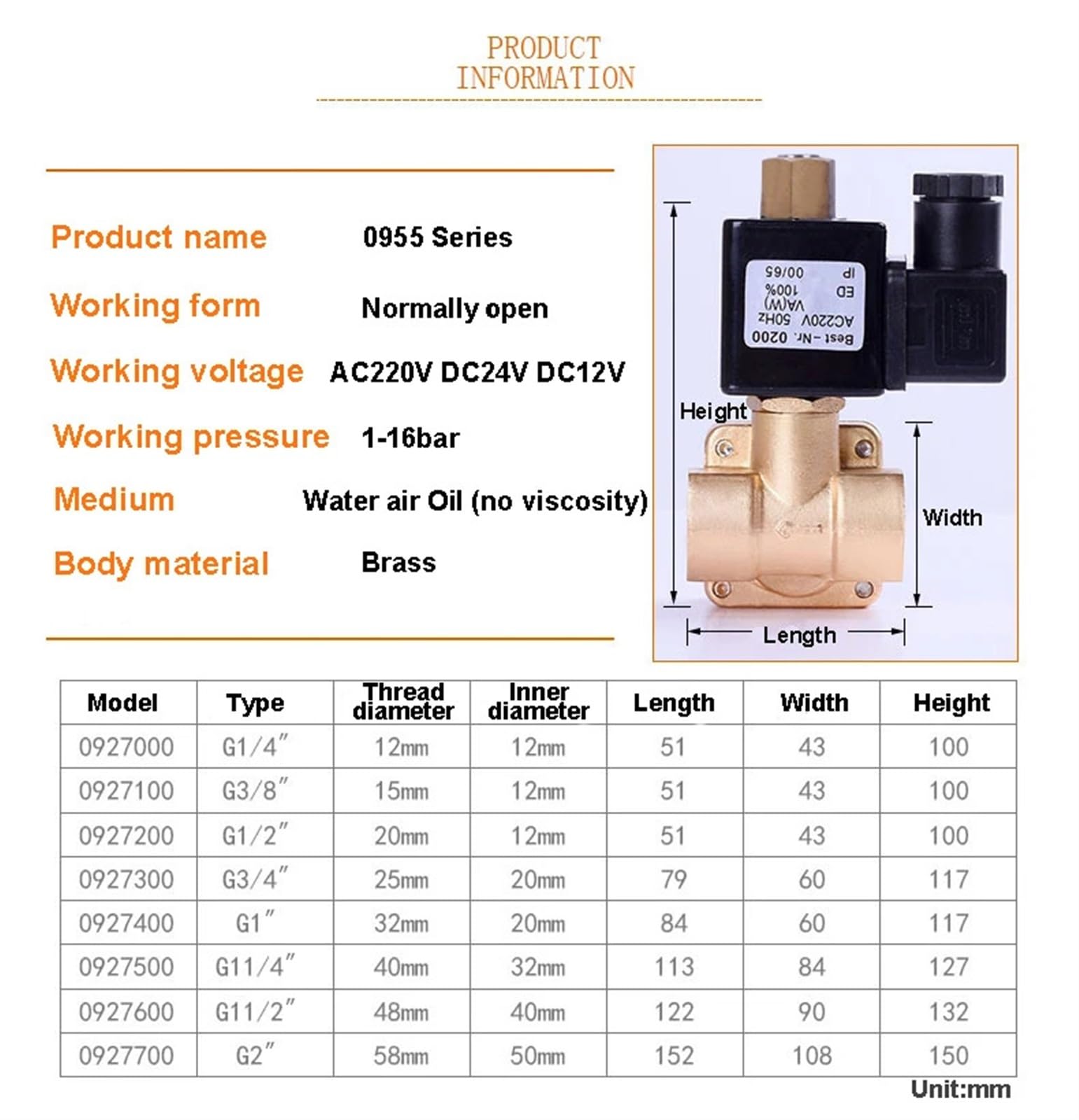 1/2" Normally Open High Pressure Solenoid Valve 0955 Series 220 V 110 V 24 V 12 V Brass 1.6MPA Water Air Valves(NPT-240VAC-EPDM-SEAL)