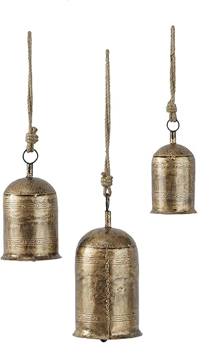 Miniatura 2 de Deco 79 Campanas de vaca gigantes XL decorativas de metal dorado con cuerda para colgar de yute, juego de 3 10 pulgadas, 8 pulgadas, 6 pulgadas de