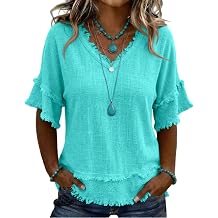 Womens Linen Tops Summer Casual Short Sleeve V Neck Shirts Fringe Retro Cotton Linen Blouses Raw Hem Beach Clothes