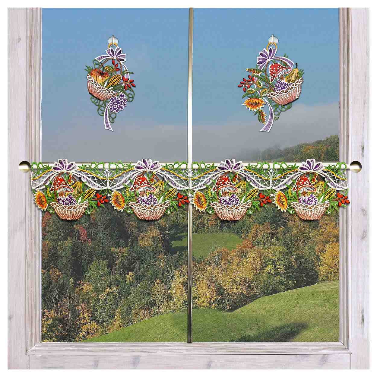 Feenhaus-Spitzengardine Herbst-Körbchen mit Früchten Echter Plauener Spitze Scheibengardine 15 cm hoch