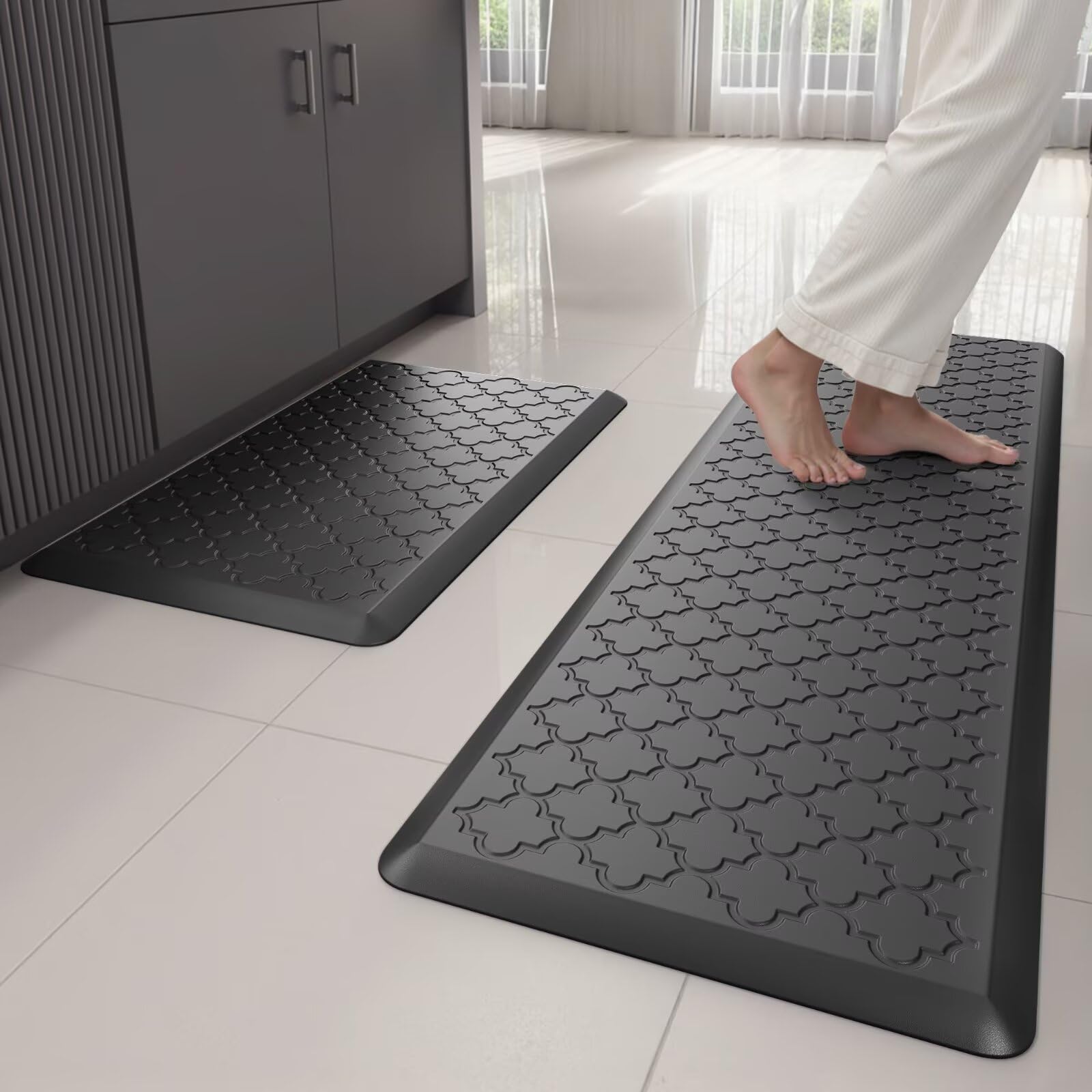 kitchen mats for floor 2 piece - anti fatigue mats for kitchen floor - non slip cushioned rugs for standing, office, sink, laundry, black