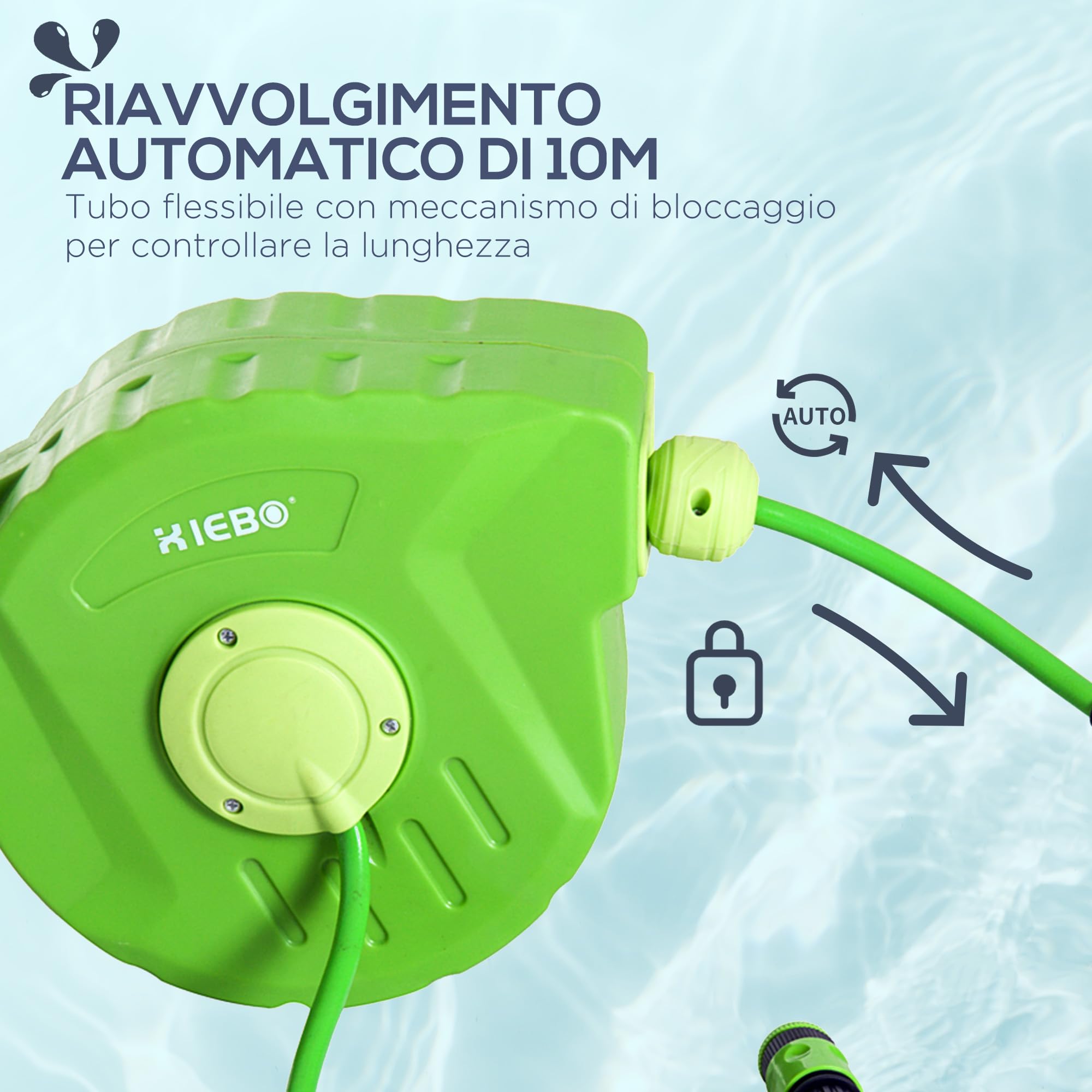 Outsunny Avvolgitubo da Giardino Retrattile con Tubo dell'Acqua 10 m, Rullo Avvolgitubo da Parete Girevole a 180°, Avvolgitubo Automatico Tubo da Giardino per Irrigazione in plastica, Verde