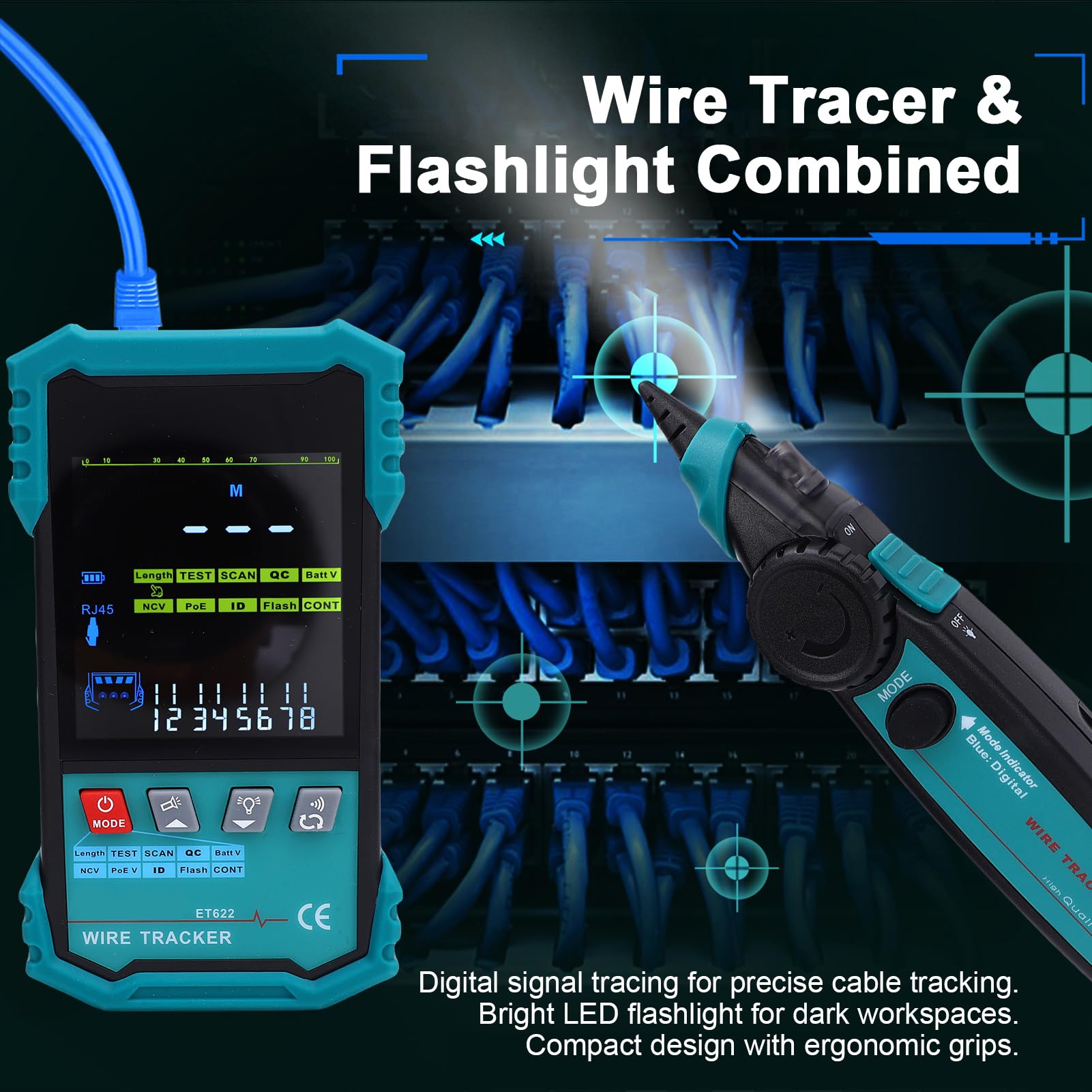 Netzwerk Kabeltester mit POE-Spannungserkennung, Kabel-Tracker, RJ45-Längenmessung (400 m), Kabeldurchgangsprüfung, blinkende Portanzeige, LAN-Testkit für Ethernet-/Internet-Wartung