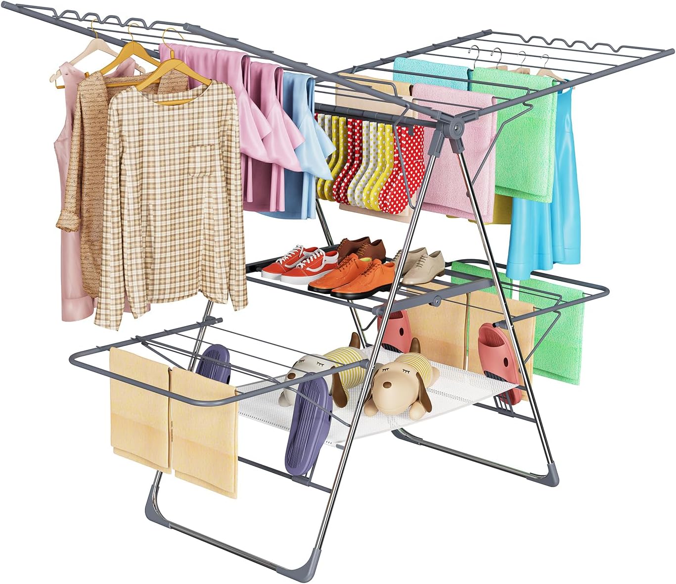 Clothes Drying Rack, Foldable 2-Level Laundry Racks for Drying Clothes Rack,Stainless Steel Drying Rack Clothing Collapsible for Indoor Outdoor,with Height-Adjustable Wings,33 Drying Rails,Gray Large