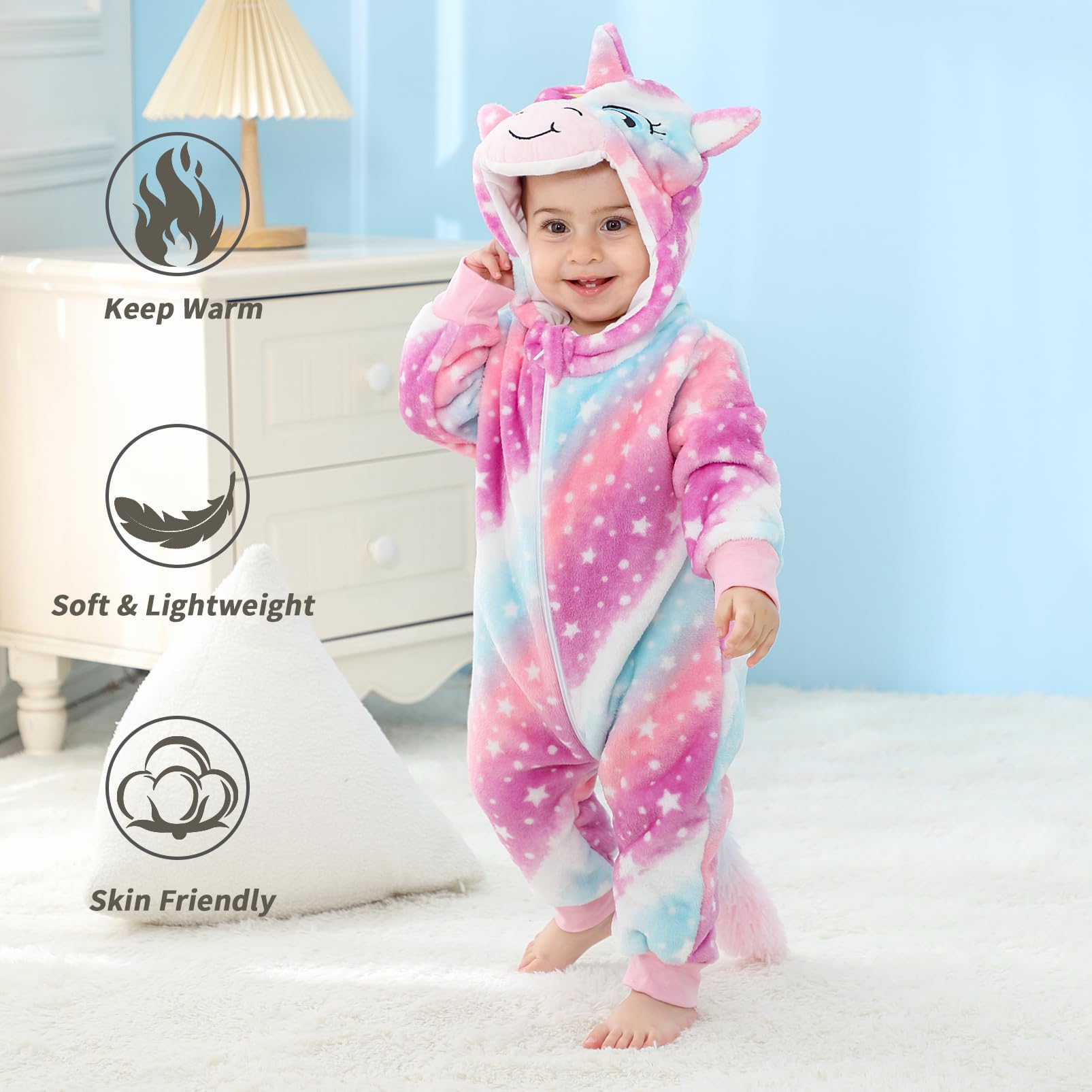 Pagliaccetto Neonato Invernale Costume Neonato, Flanella Unicorno Dinosauro Costume Neonata Sacco Nanna con Cappuccio Animale Tuta Neve Tutone Pile Bambino 0-36 Mesi