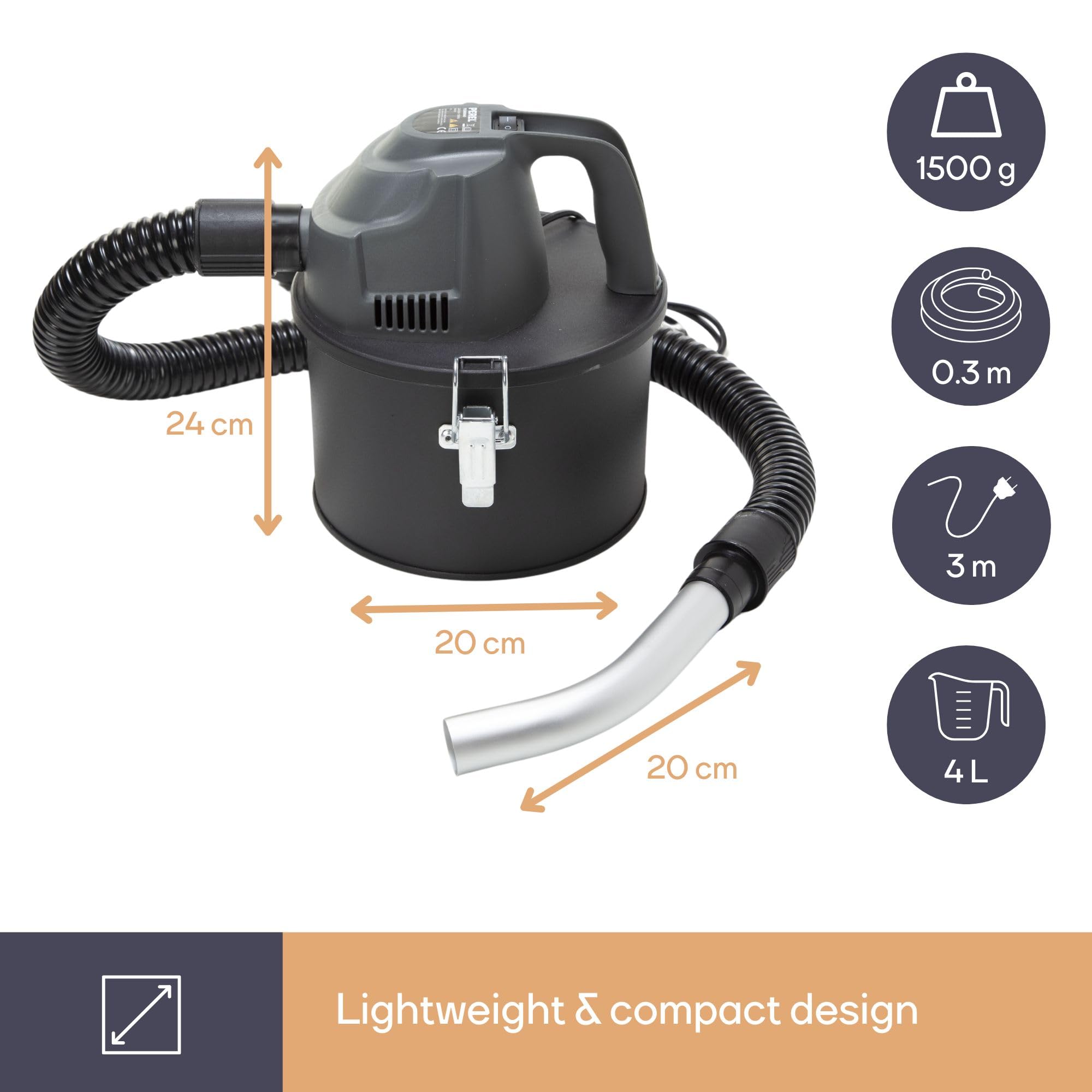 Perel Aspiracenere 600 W, 4 L, filtro HEPA, senza sacco, per ceneri fredde, stufa, caminetto, barbecue, modello compatto
