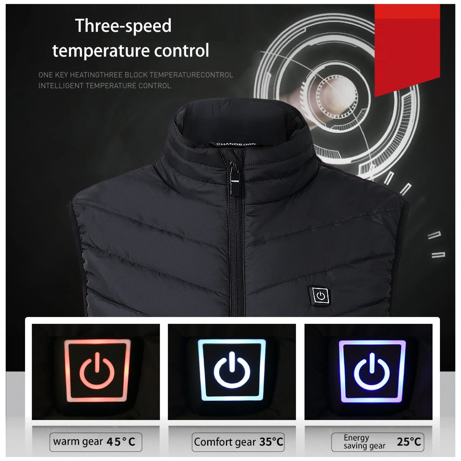 Gilet chauffant grande taille S-8XL, manteau chauffant électrique à chargement USB, avec contrôle de la température à trois vitesses et lavable en machine
