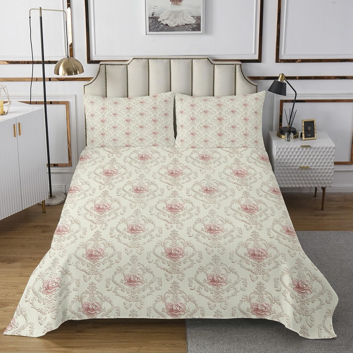 Homewish Damask Floral Bedspread 220x240cm Romance Girly Damask Tagesdecke Bettüberwurf Beige Rosa Coquette Steppdecke 2 Kissenbezüge Gothic Flowers für Kinder und Teenager Erwachsene Bettüberwurf