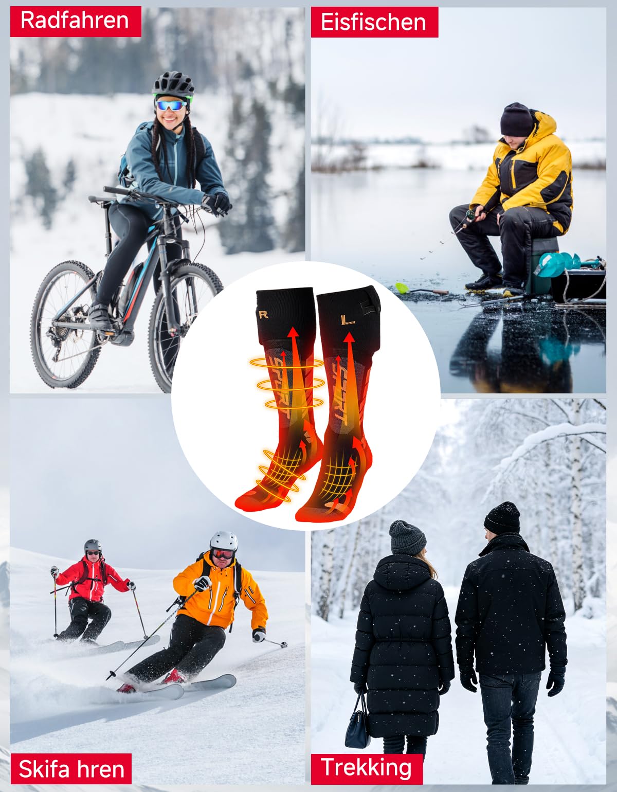 KEMIMOTO Beheizte Socken für Herren Damen, Heizsocken mit Vollfuß- und Zehenheizung, App-Steuerung Thermosocken Waschbar, Warme Beheizte Socken aus Schafwolle für Radfahren, Skifahren, Angel, Jagd