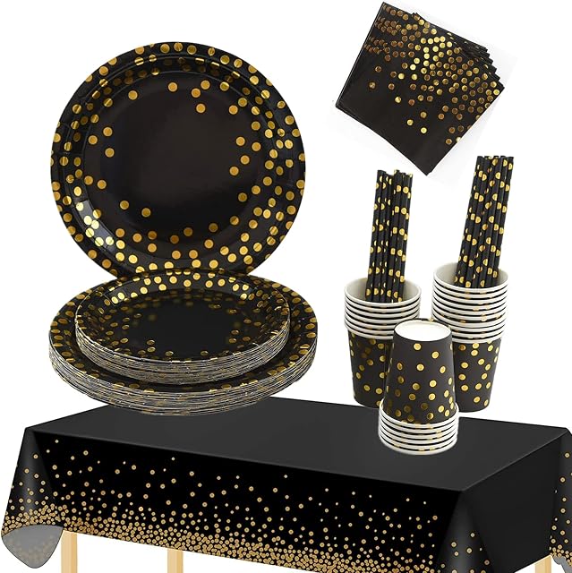 TOPWAYS Black Gold Party Supplies Set, Party Tableware Included Gold Dots Tablecloth Paper Party Plates Cups Straws Napkins Dinnerware Set for Birthday, Weddings, Anniversary Decorations (16 Guests)