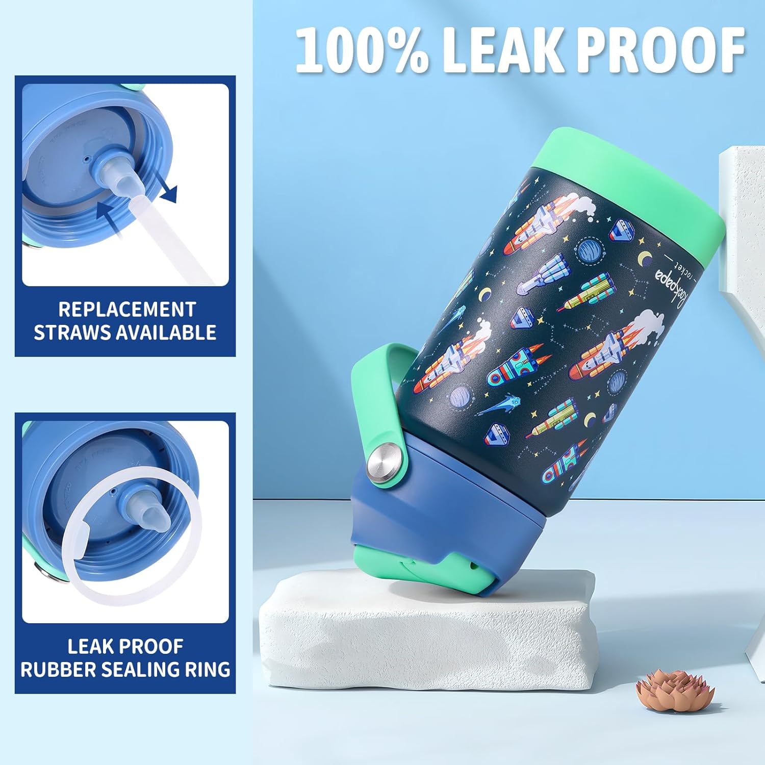 rockpapa 14 oz Kids Insulated Water Bottle,Stainless Steel Toddler Cups with Straws, BPA Free, Leak-Proof, Kids Water Bottle for School Boys& Girls (Blue Rocket) - Image 4