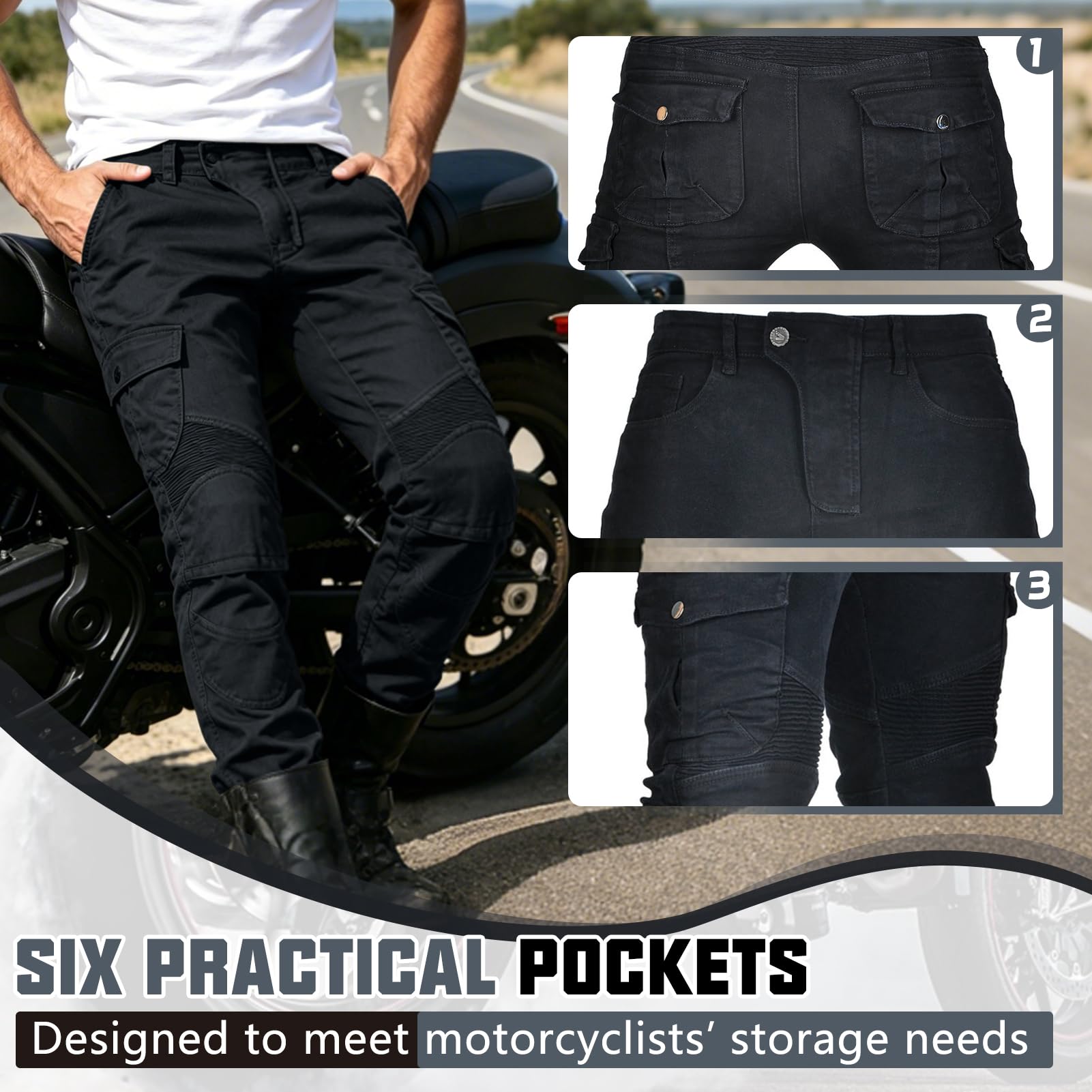 Herren Motorradhose, Motorrad-Sport-Denim-Schutzhose, Aramid-Schutzfutter, Herren-Reithose Mit Abnehmbarer Rüstung