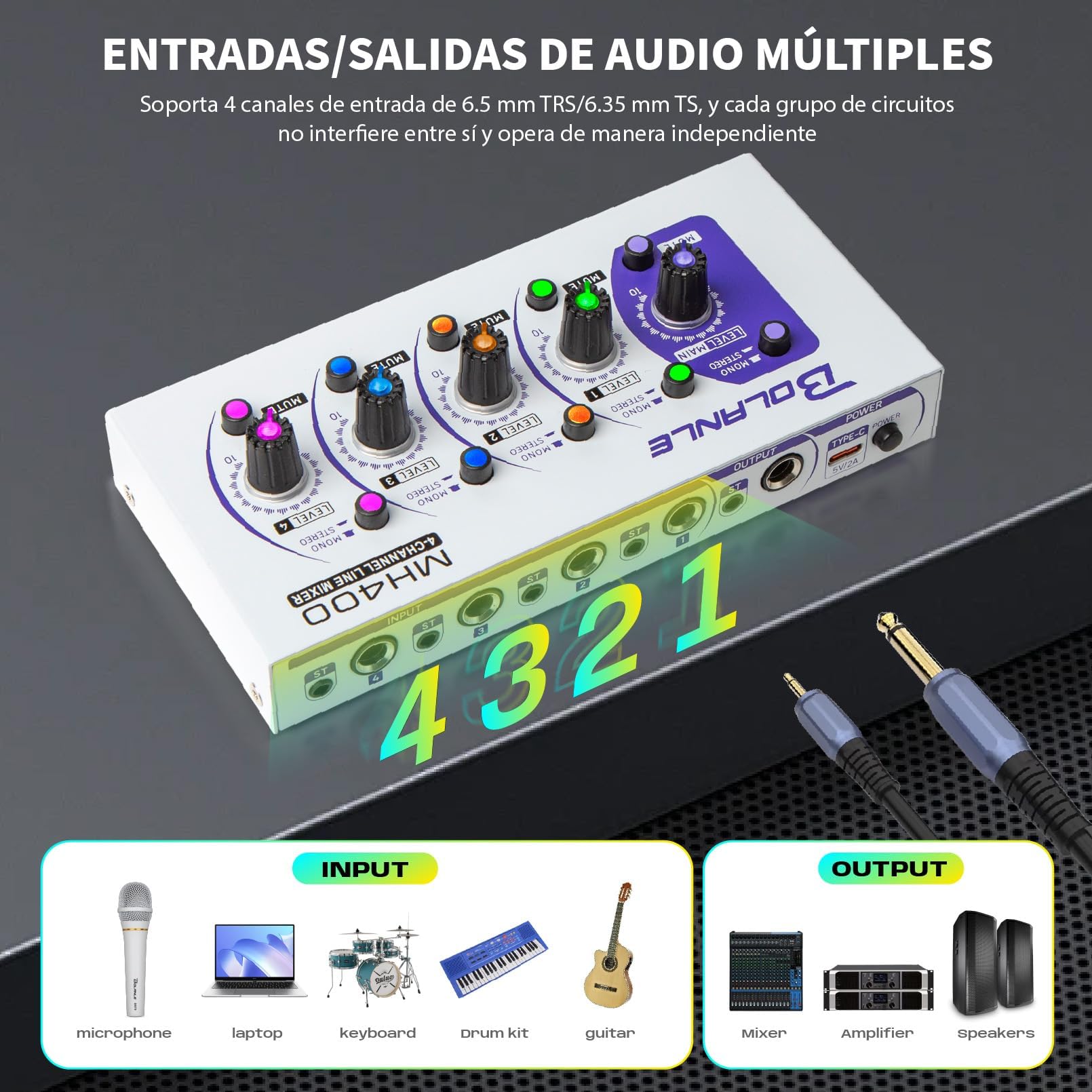 Bolanle MH400 4-Channel Stereo Line Mixer, Ultra Low-Noise Sub-Mixer with Independent Volume & Mute Control - Image 4