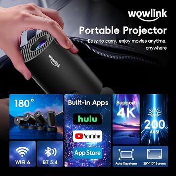 [Built-in Apps & 2026 Upgraded] Mini Projector with WiFi 6 and Bluetooth 5.4 Support 4K 1080P Auto Keystone 180 Rotatable Projector Portable Compatibile with HDMI/TV Stick/Memory Stick/Laptop, Black