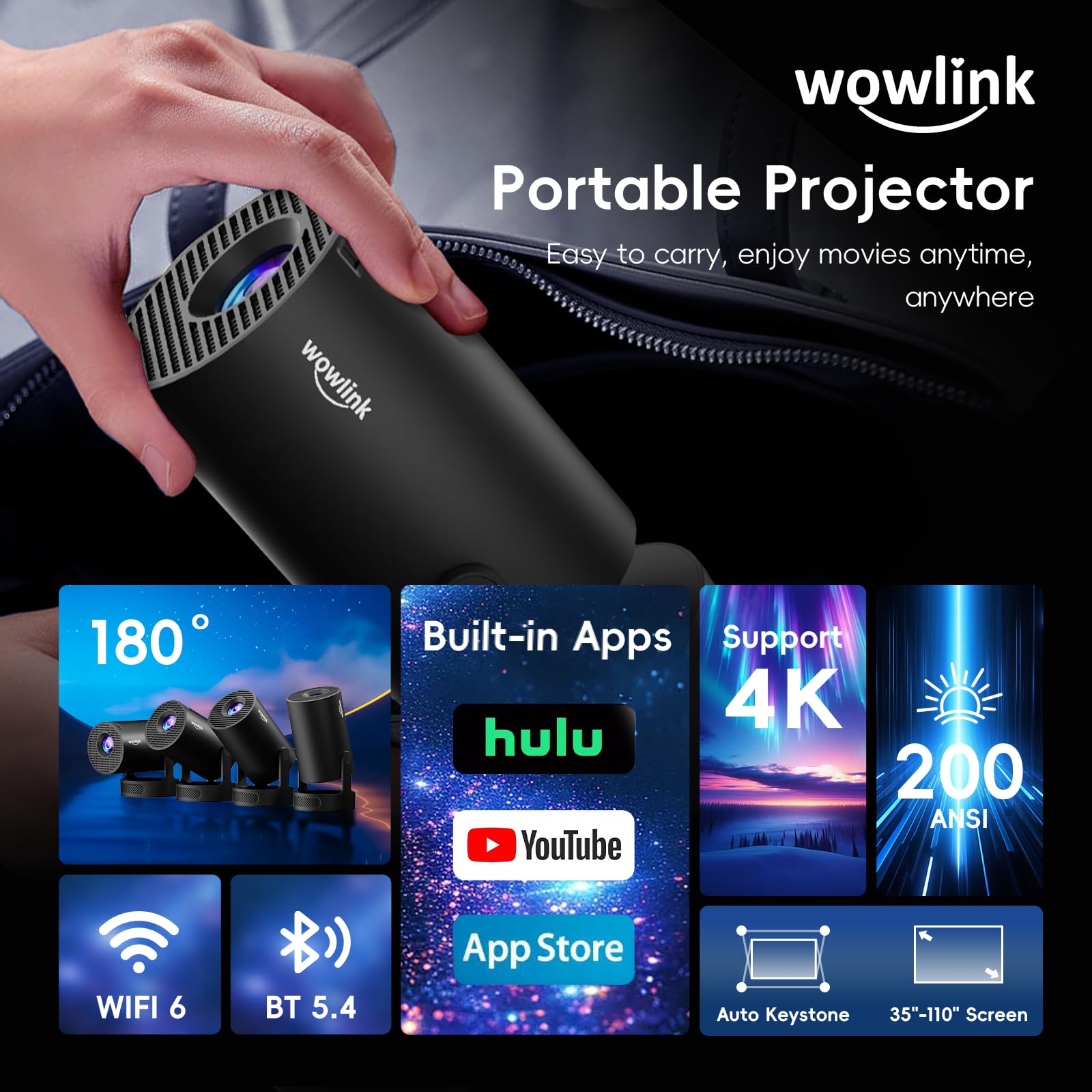Mini proiettore WiFi 6 4K 1080P Auto Keystone Portatile - Dettaglio