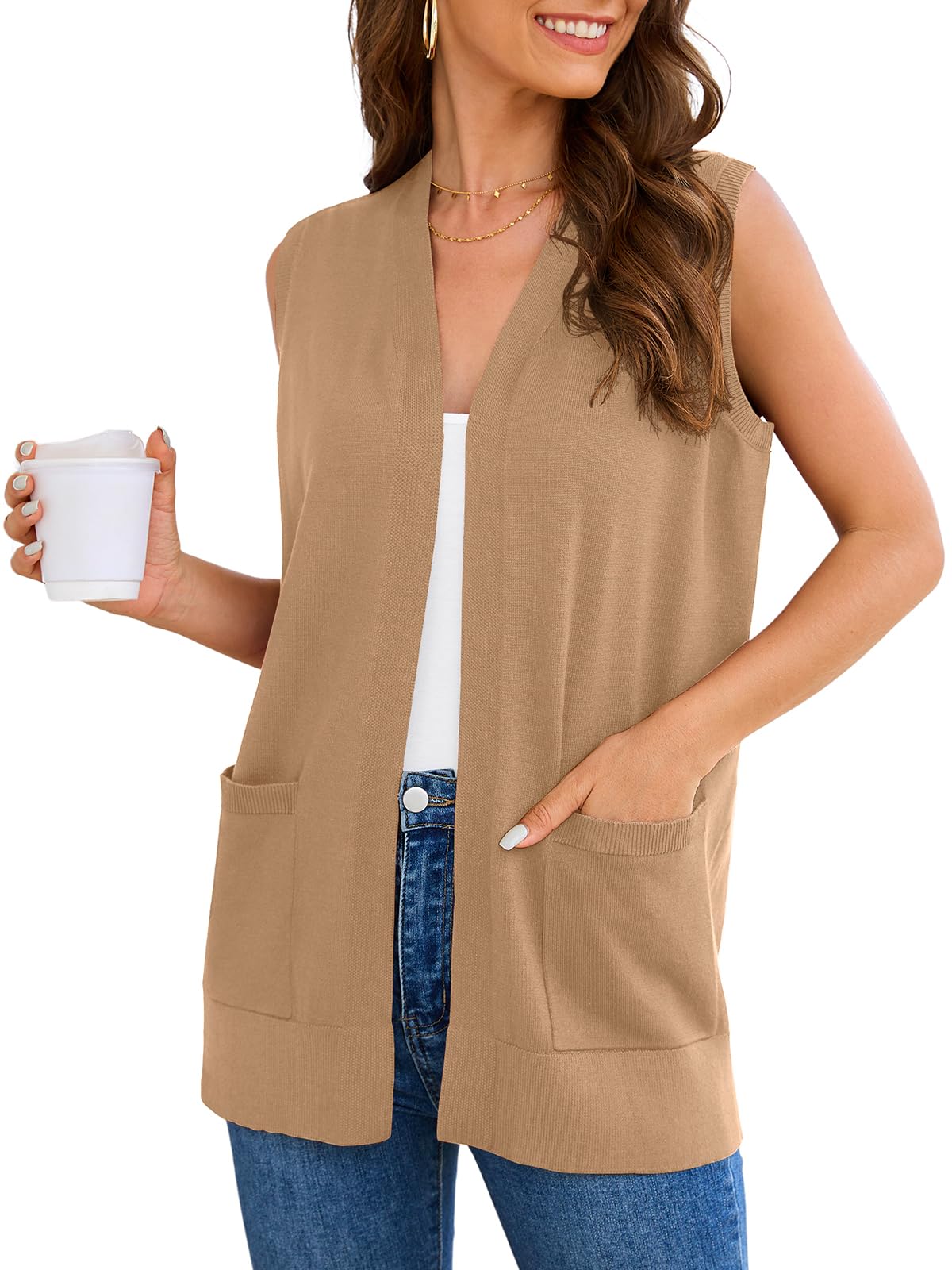 Wiwclo Veryoung Women Vests Fashion Casual Sleeveless Cardigan Sweaters Soft Knit Dressy Ladies Sweater Vest with Pockets