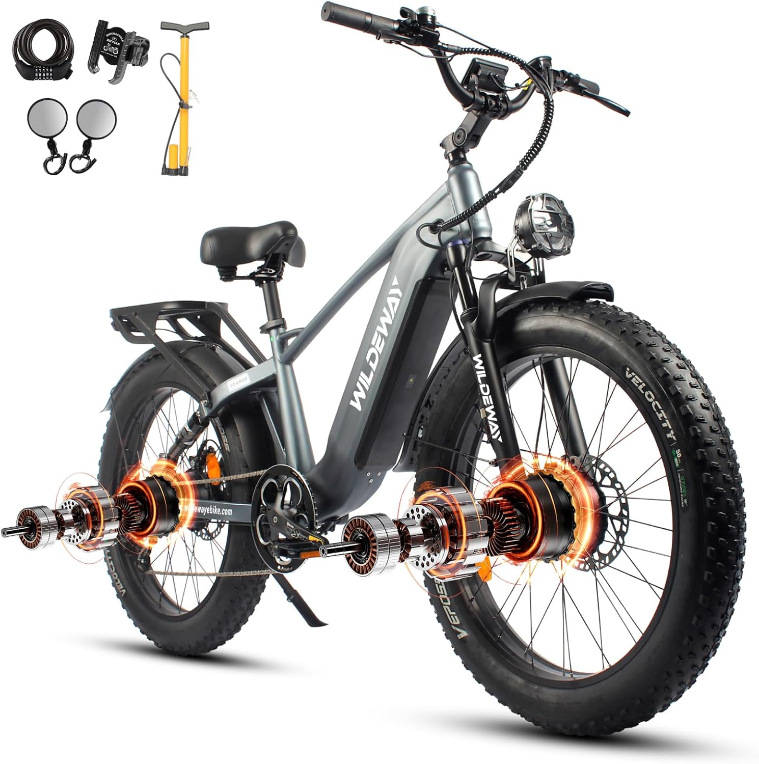 Wildeway 2600W Dual Motor Electric Bike for Adults, 26" Fat Tire Snow Ebike with 30Ah Removable Battery, Full Suspension Mountain Long Range Electric Bicycle 2 Seat Men Women
