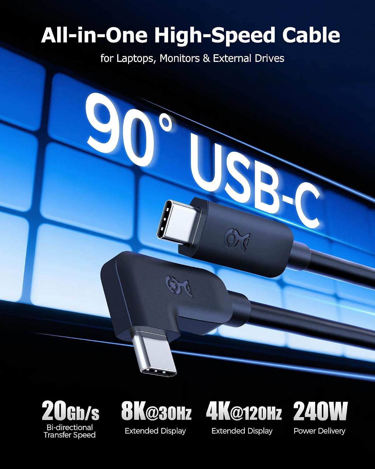 Cable Matters 20Gbps Right Angle USB C Cable - 6ft, Supports Up to [8K@30Hz / 4K@120Hz Video, 240W Charging, 20Gbps Data Transfer] 90 Degree USB C Cable, Right-Angle USBC to USBC Cord