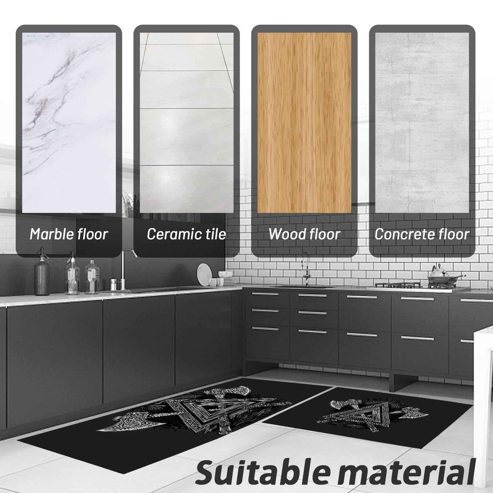 Set di 2 Tappetini da Cucina Ascia Vichinga Antiscivolo, Set di Tappetini da Cucina Mitologia Vichinga Lavabili per Lavanderia, Corridoio, Sala da Pranzo e Ingresso 40x60cm+40x120cm, Nero
