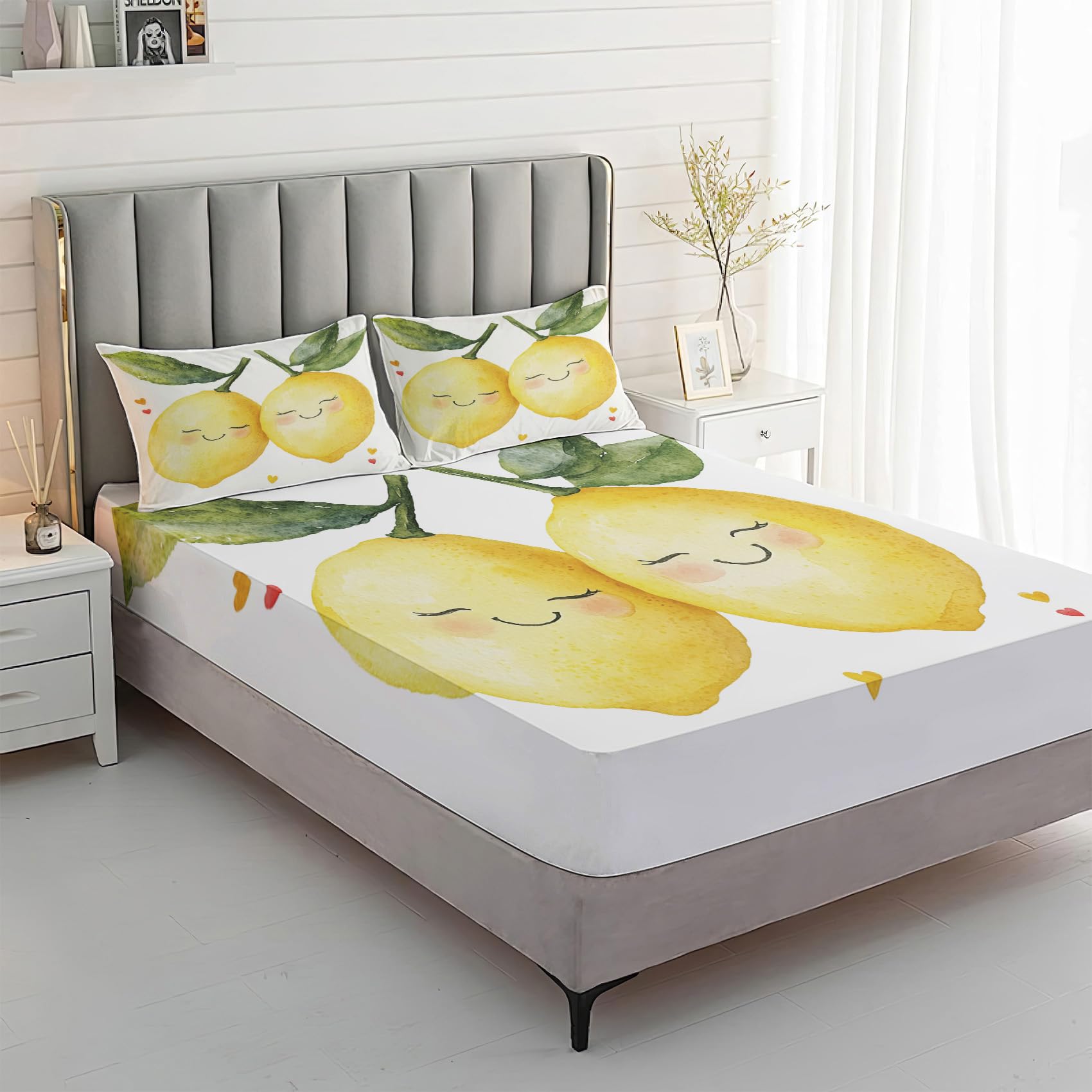 Zvynqour Funny Lemon Bed Sheets Twin Size - Cute Fruit Sheet Set - Deep Pocket Fitted Sheets & Flat Sheet & Pillowcases 3 Piece - Yellow Bedding & Decor - Soft Brushed Microfibe